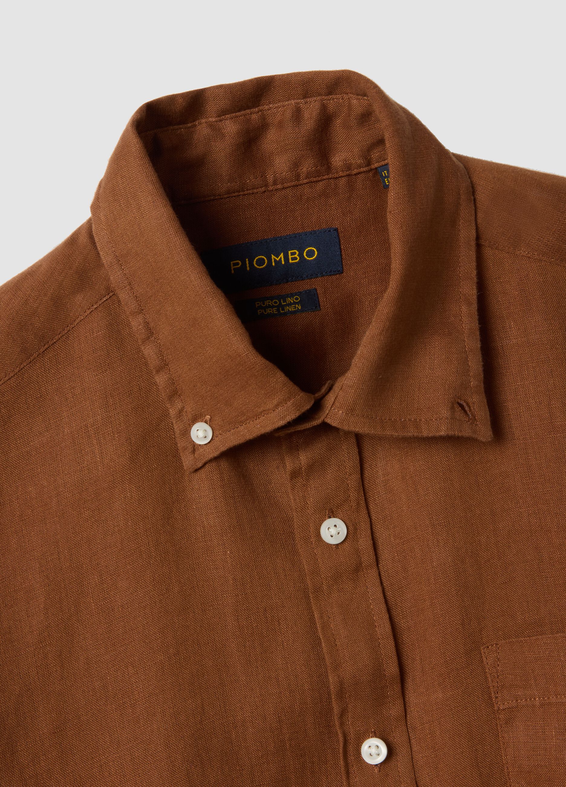 Brown pure linen shirt with button-down collar, regular fit