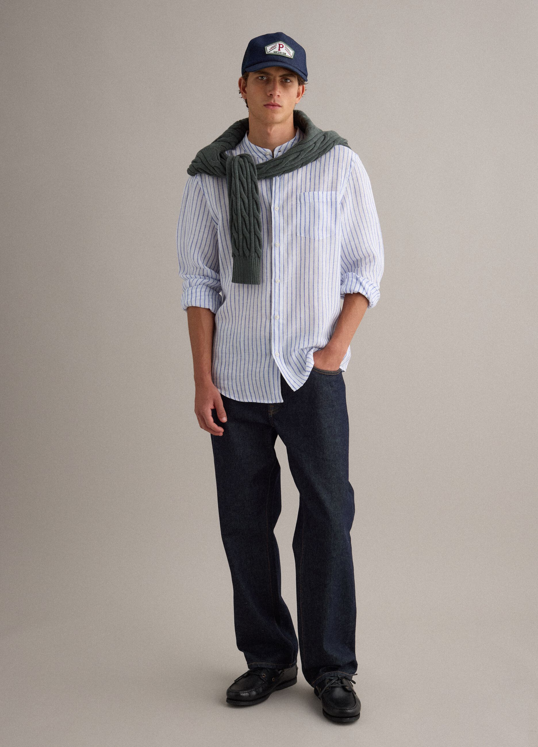 Light blue pure linen striped shirt with mandarin collar, regular fit