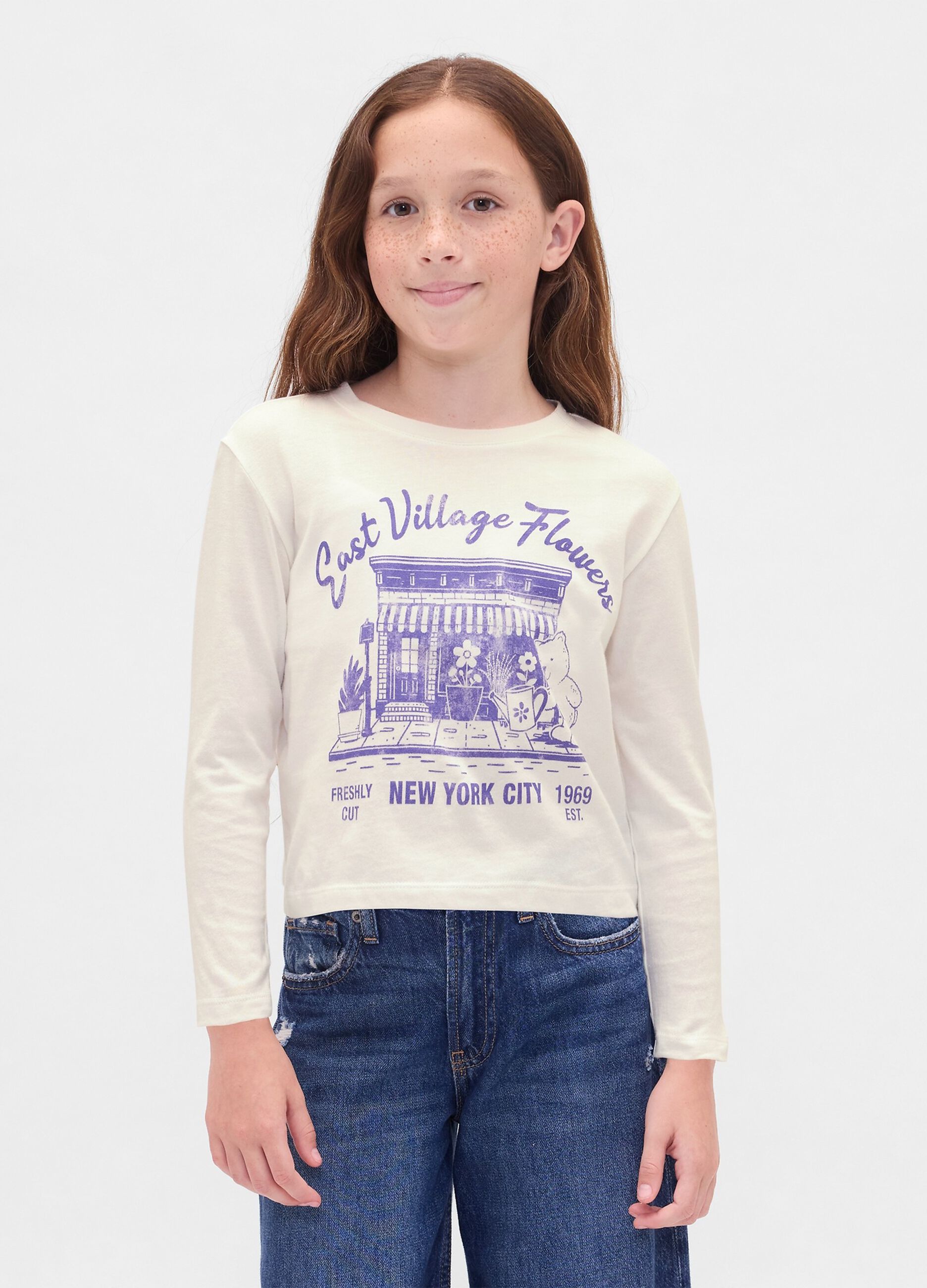 White long-sleeve t-shirt with prints