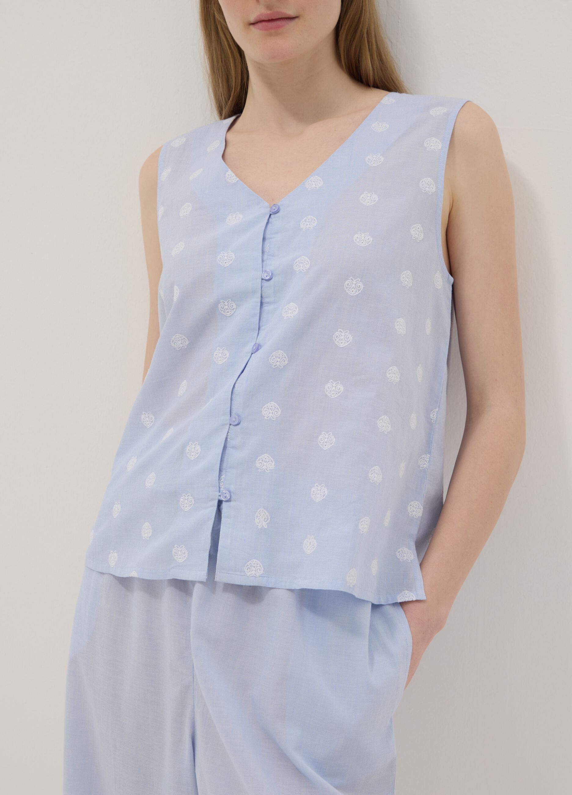 Light blue sleeveless pure cotton pyjama top with buttons