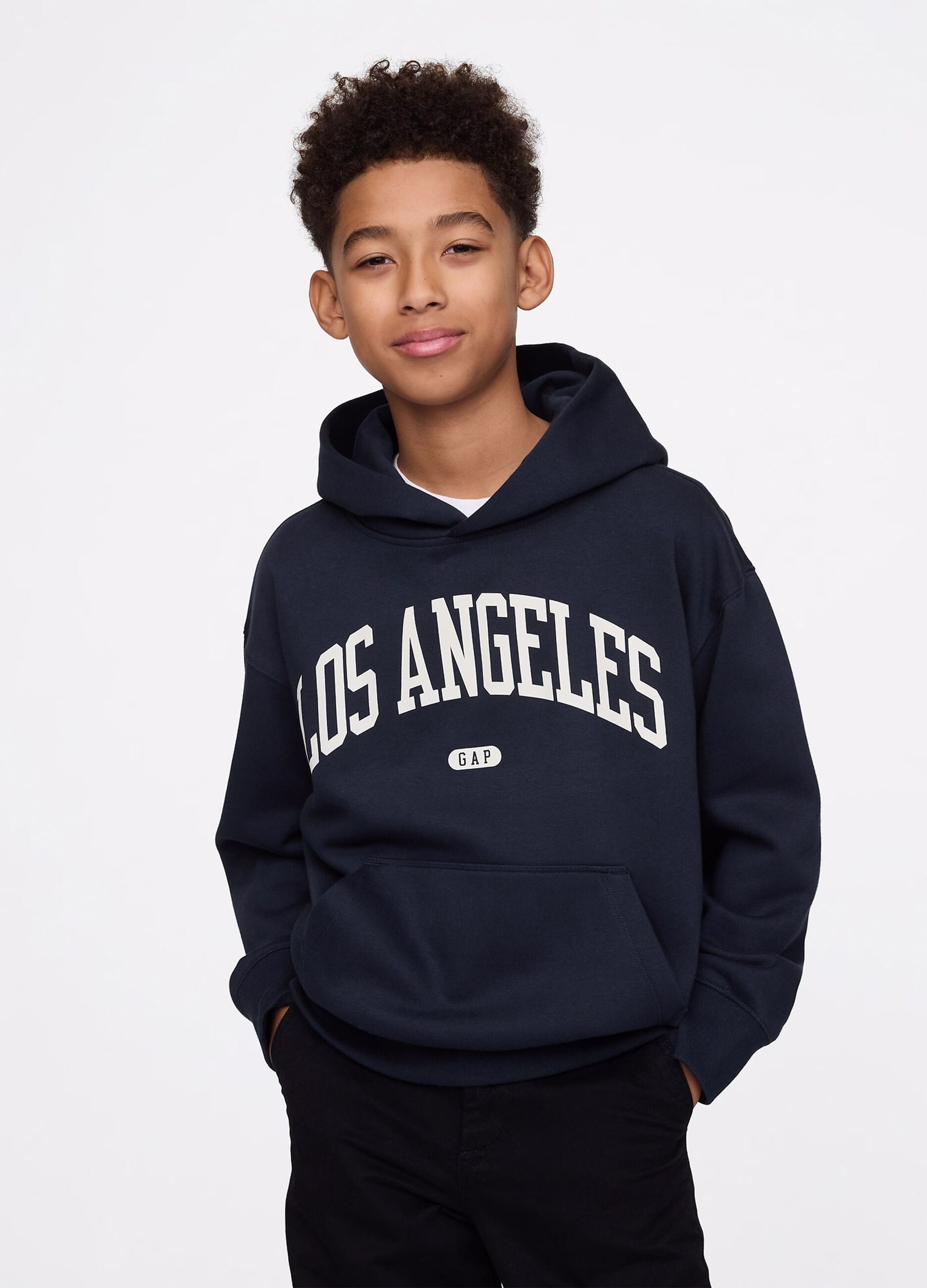 Blue cotton sweatshirt with hood and print