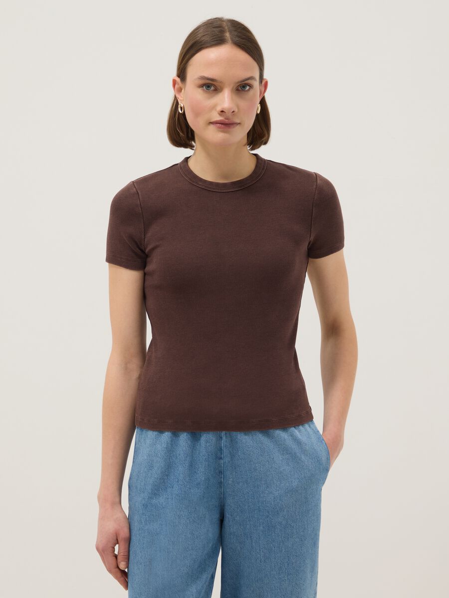 Brown stretch cotton fitted t-shirt_0
