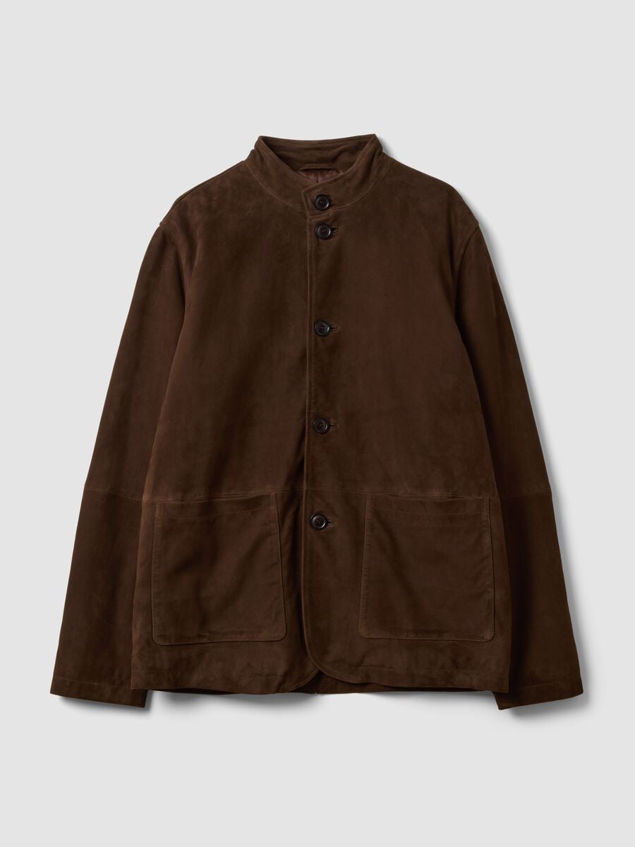 Shacket marrone imbottita in vera pelle con colletto alto regular fit_0
