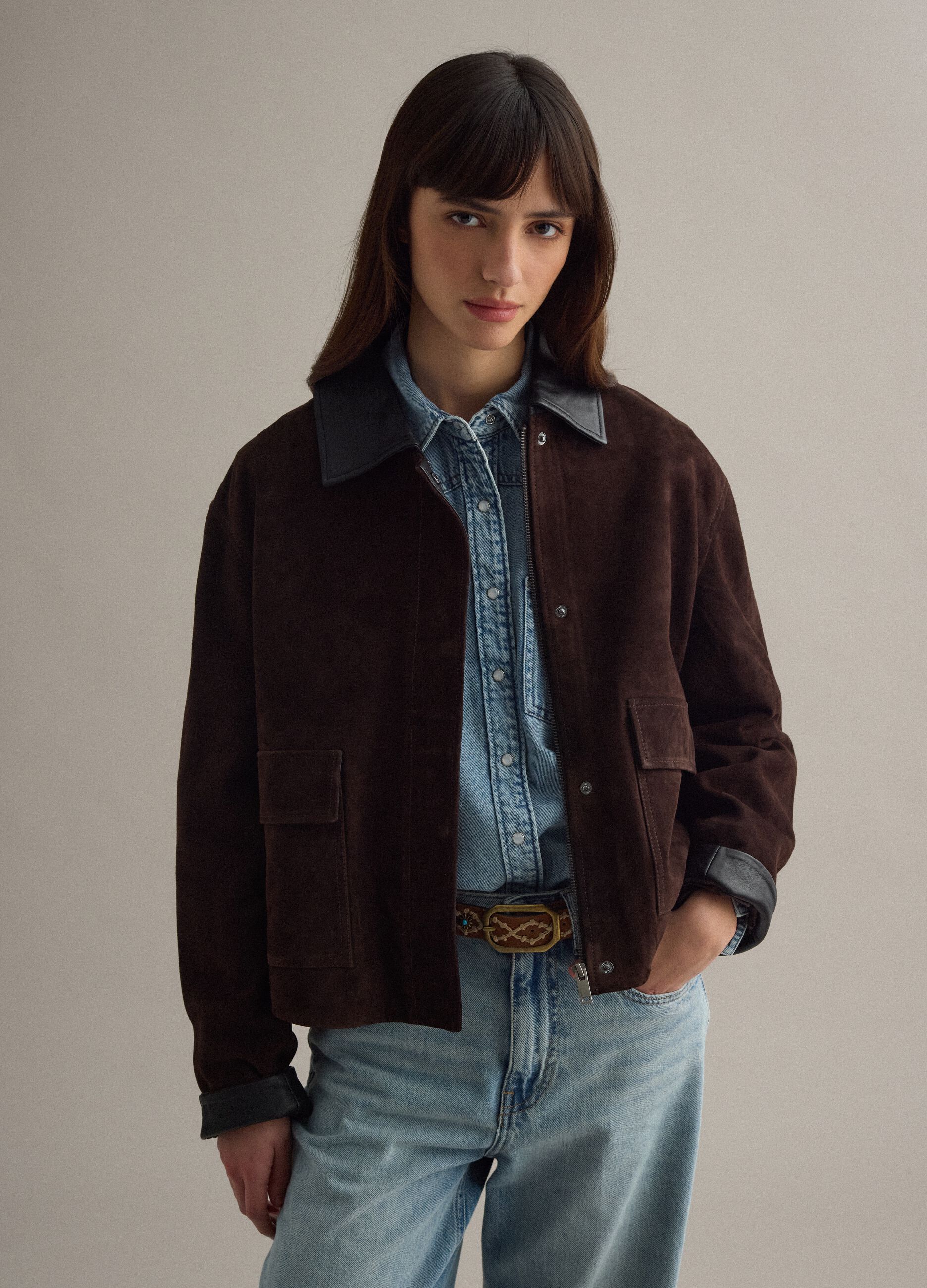 Brown regular fit genuine leather jacket with contrasting collar