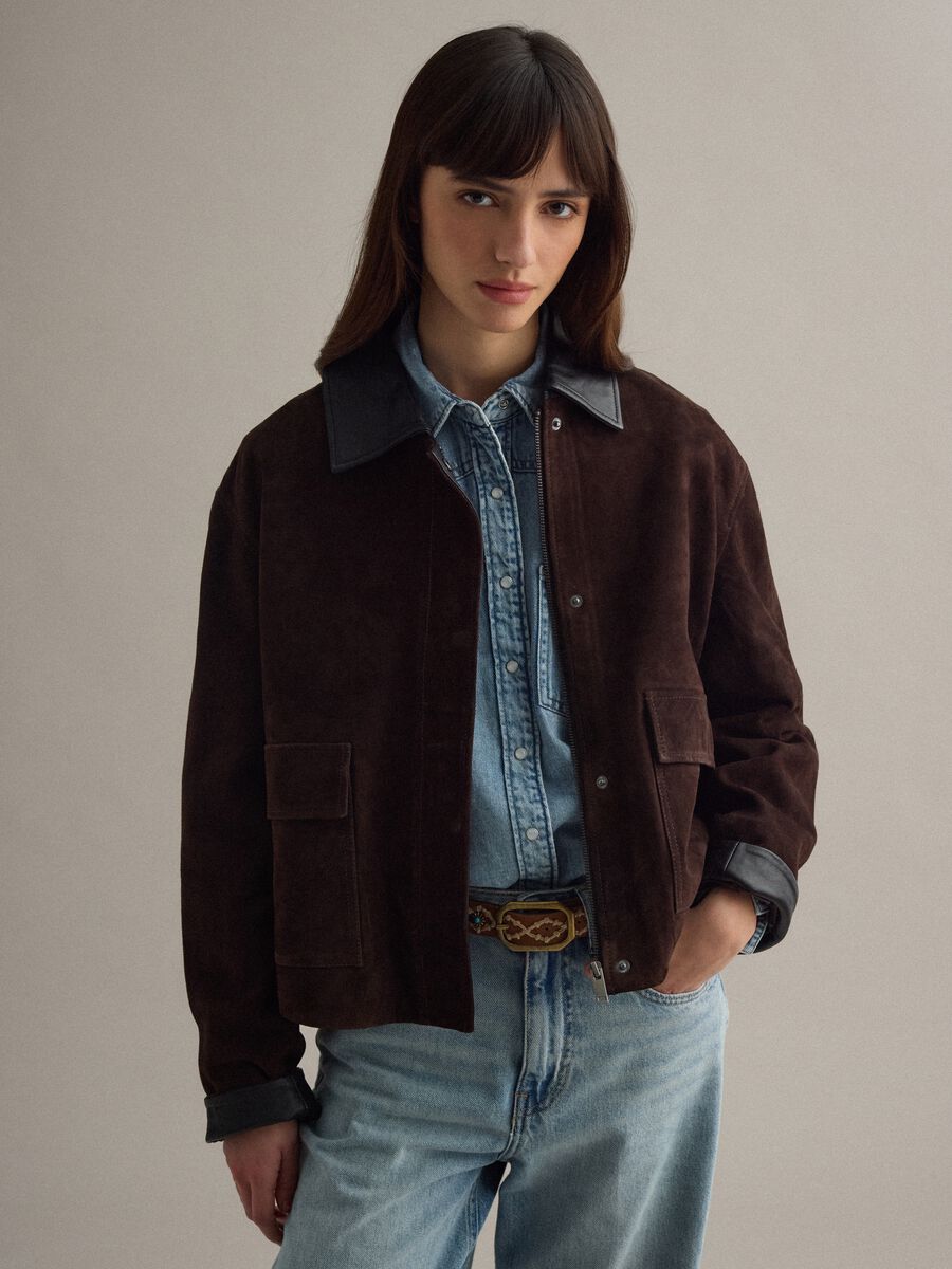 Brown regular fit genuine leather jacket with contrasting collar_0