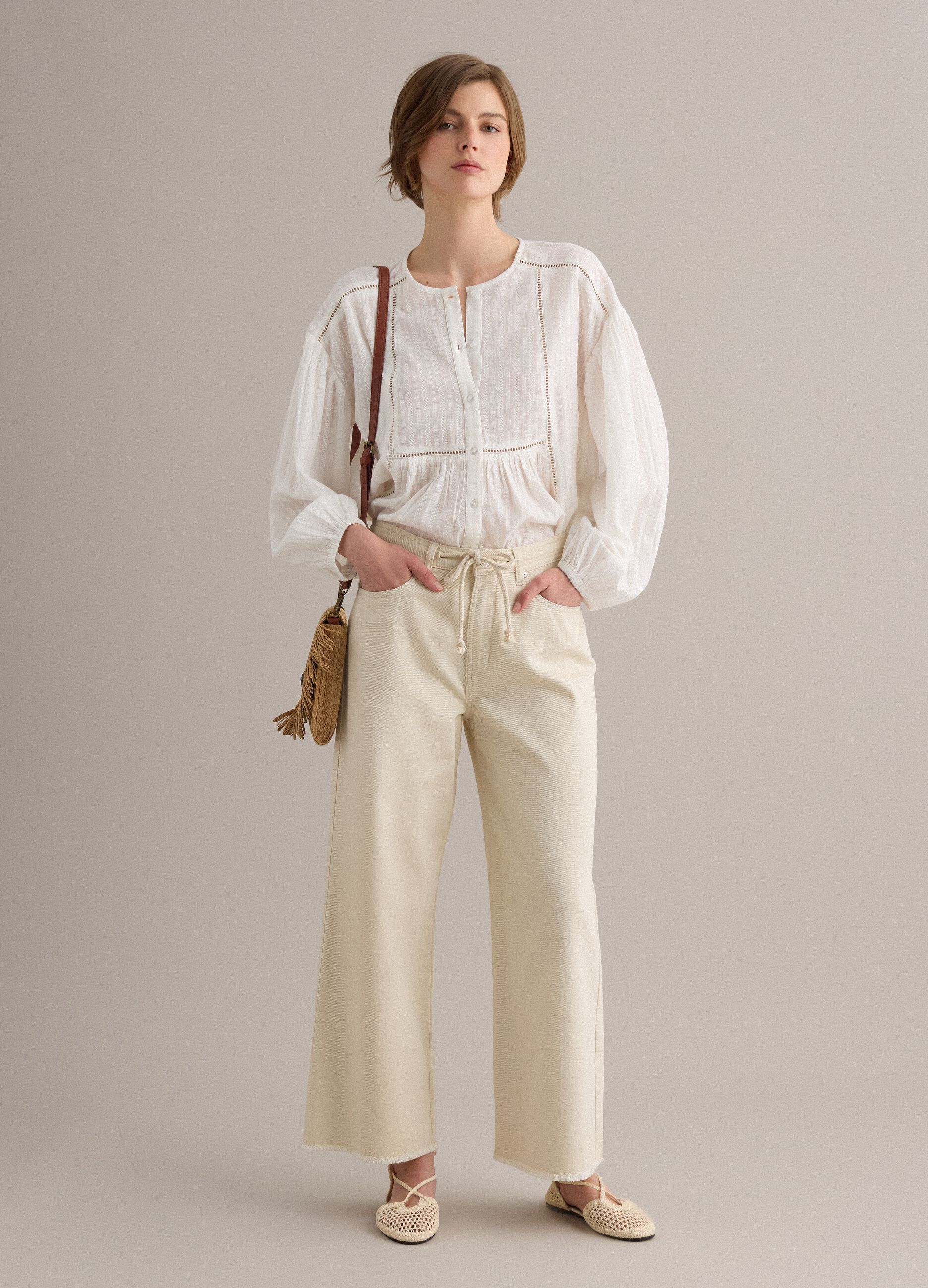 Beige crossbody bag in paper-blend fabric with fringe