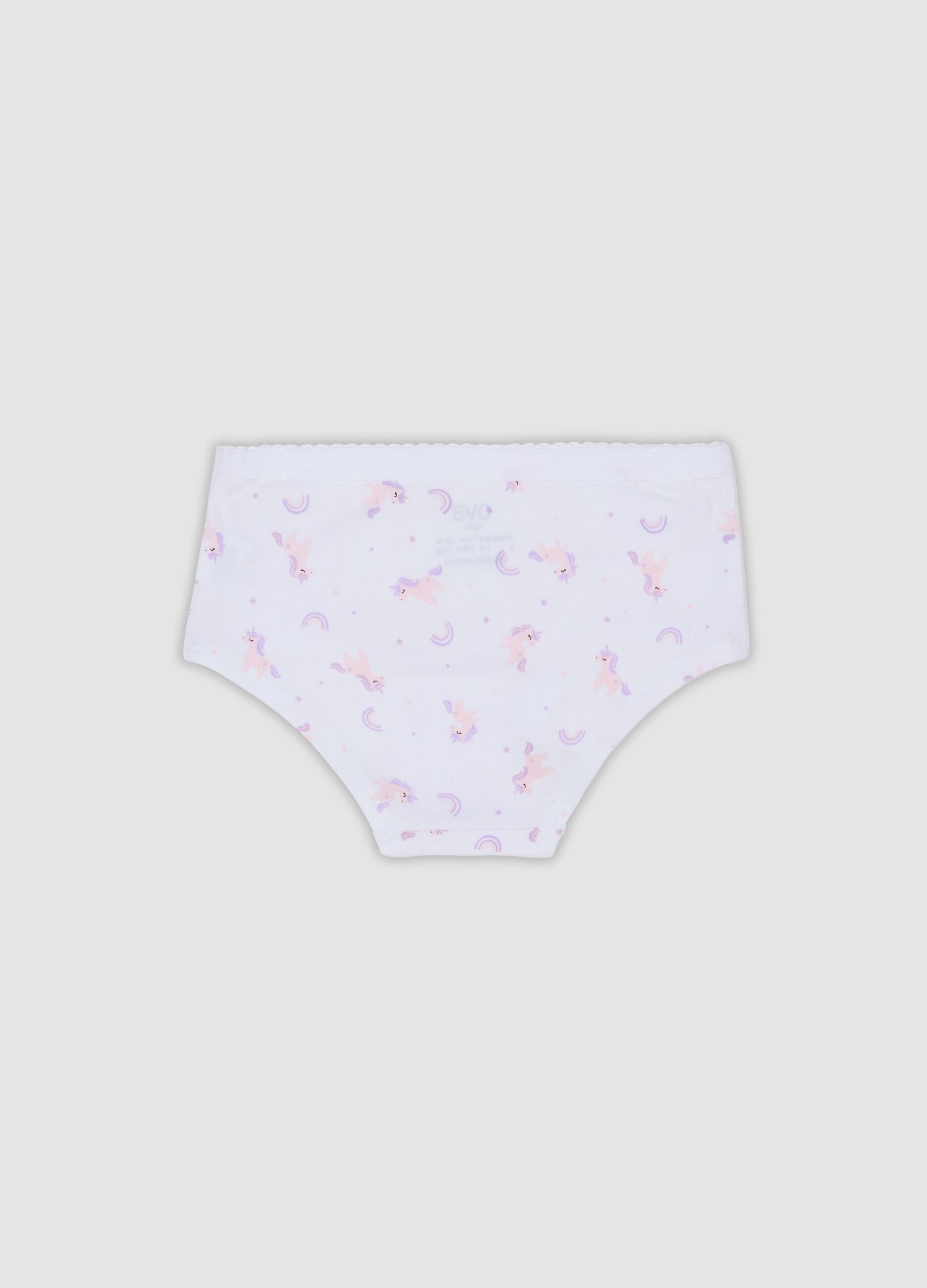 White stretch organic cotton culotte briefs with unicorn print