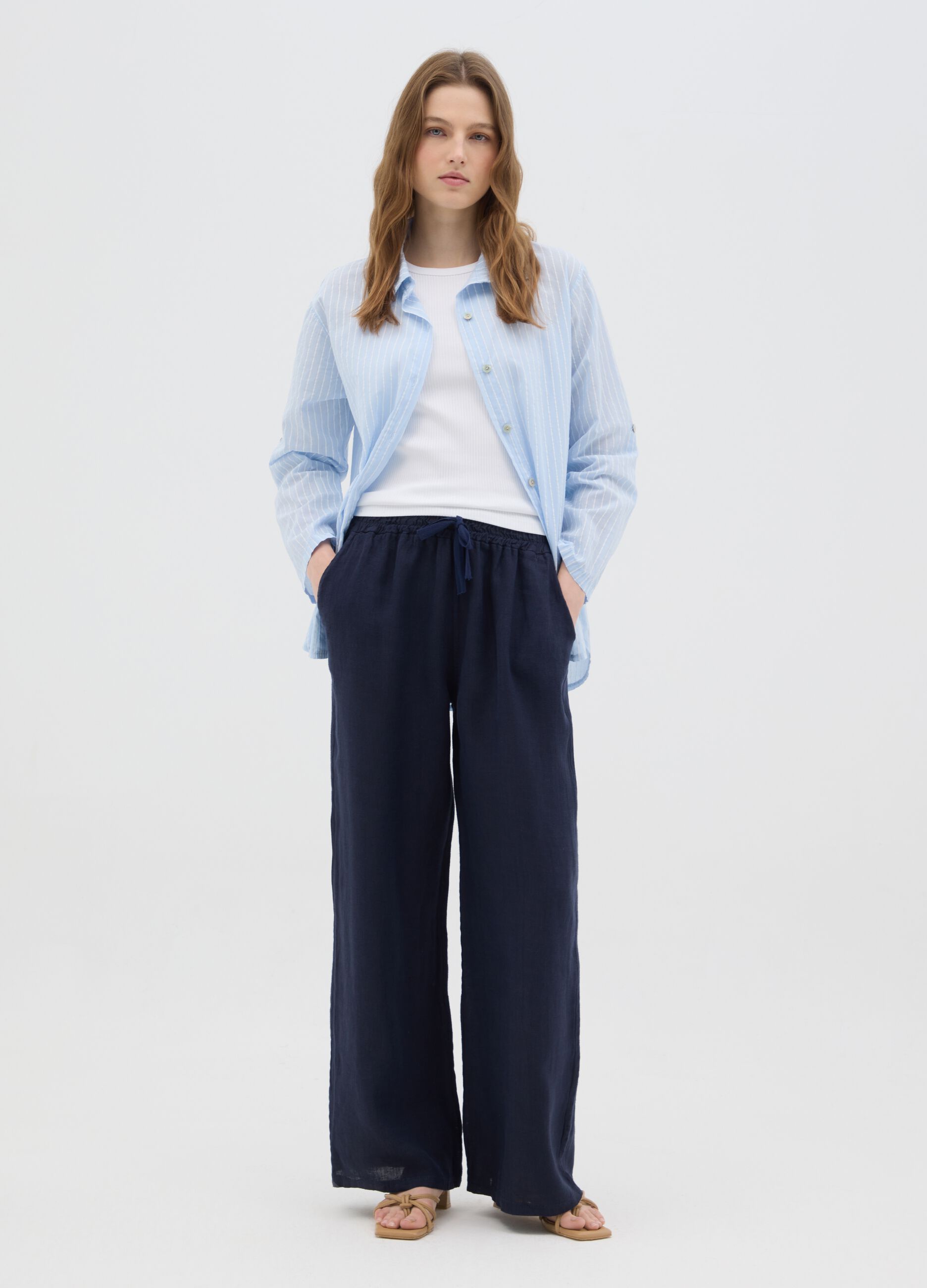 Women's pure blue linen trousers with regular fit