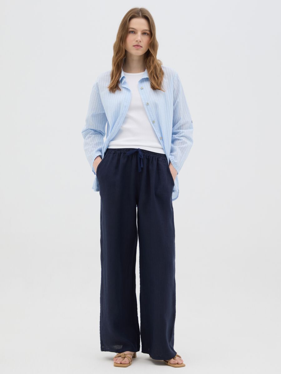 Women's pure blue linen trousers with regular fit_0
