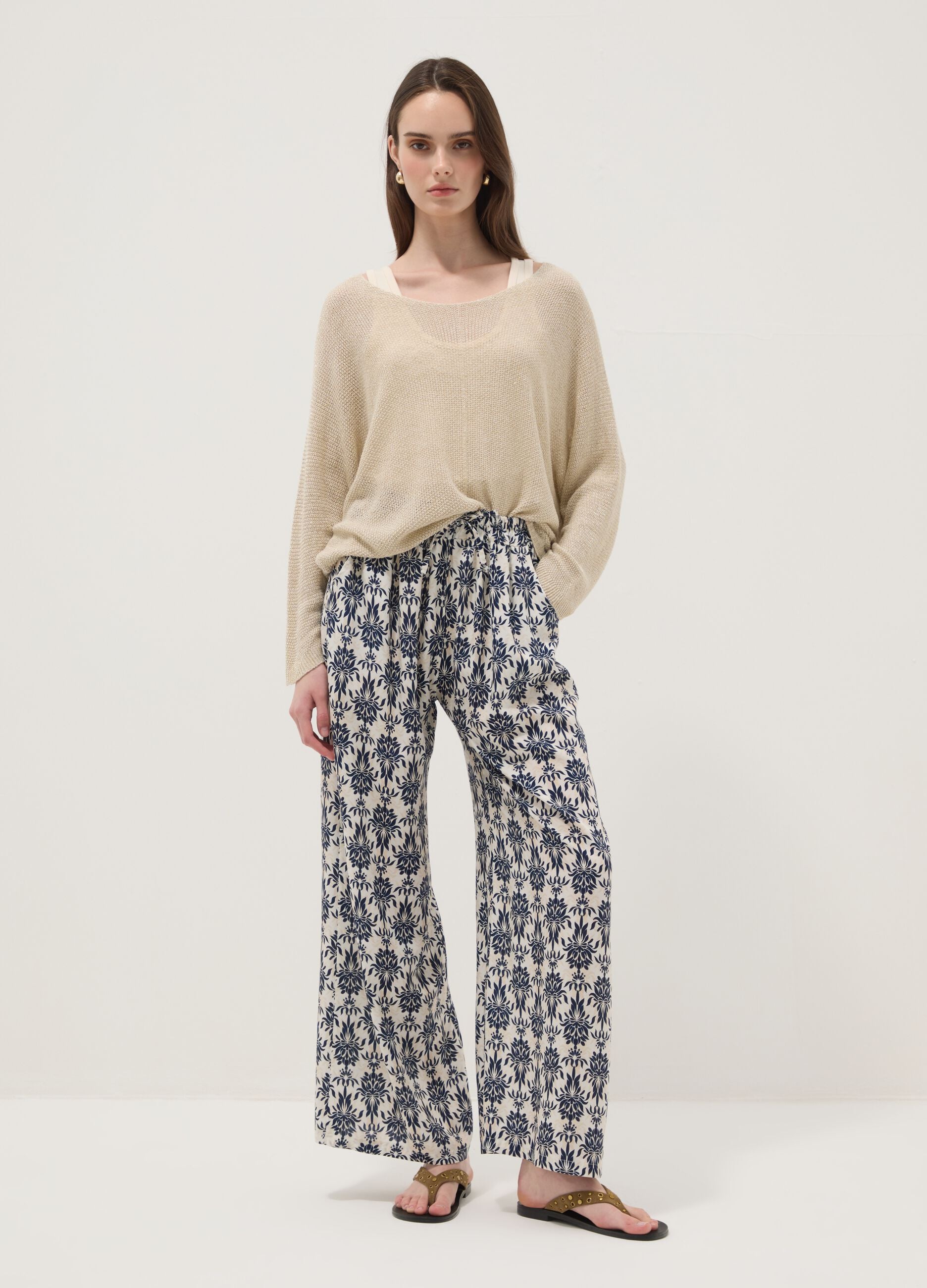 White pure viscose patterned trousers, regular fit