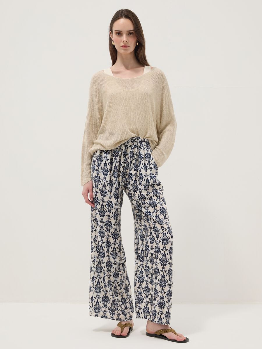 White pure viscose patterned trousers, regular fit_0