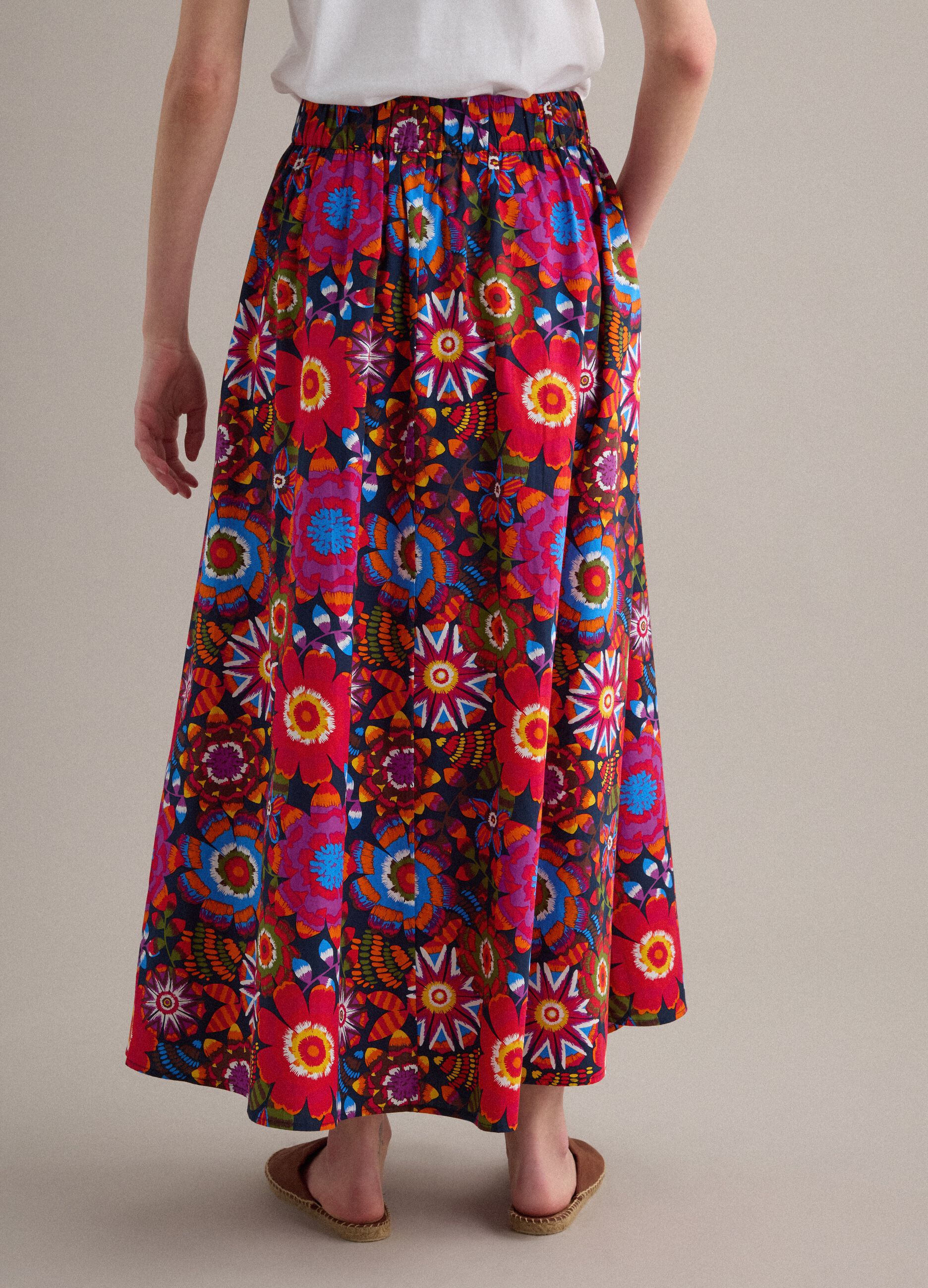 Multicolour midi skirt in pure cotton with elasticated waist