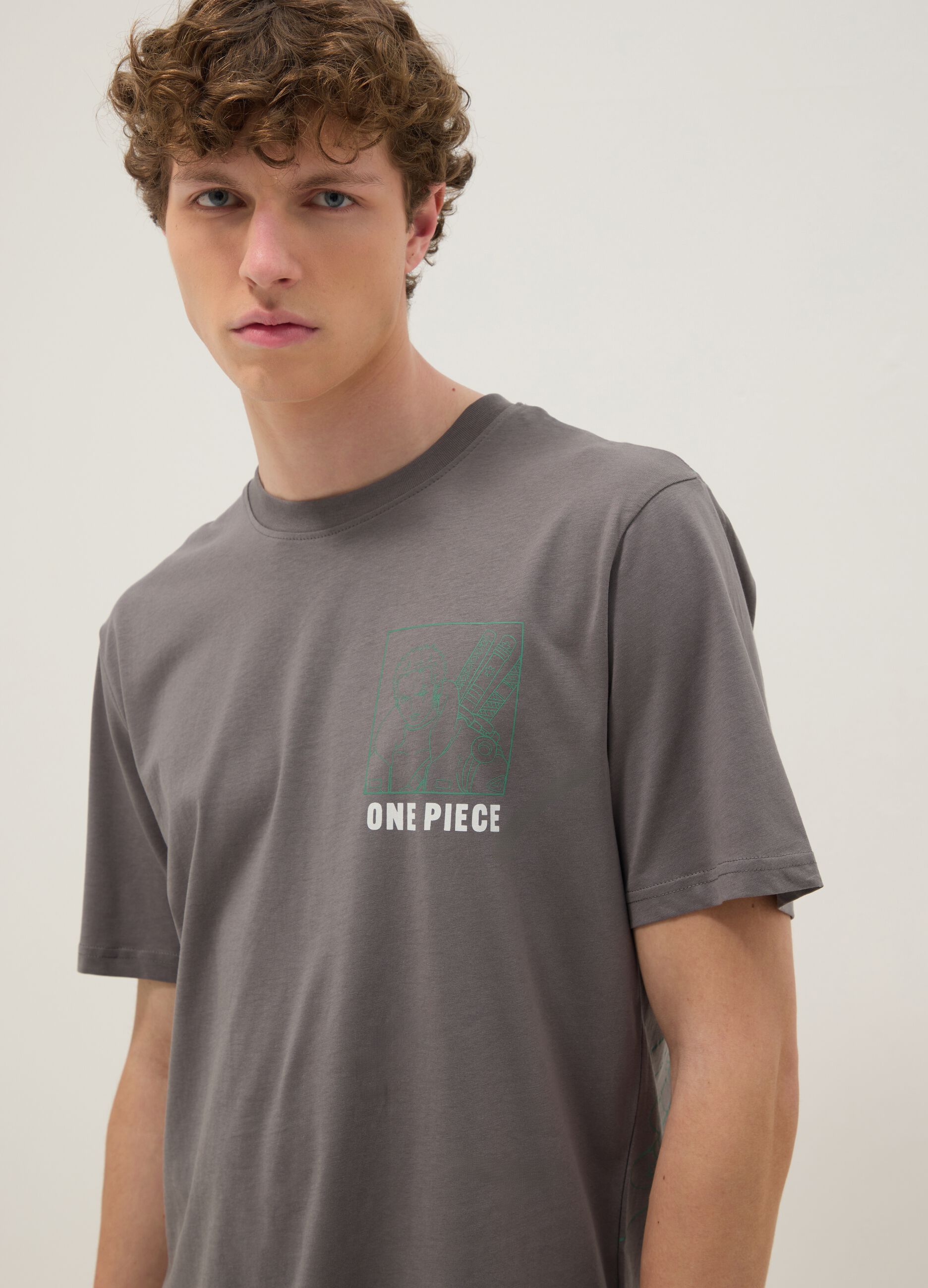 T-shirt grigia con stampa One Piece in puro cotone relaxed fit