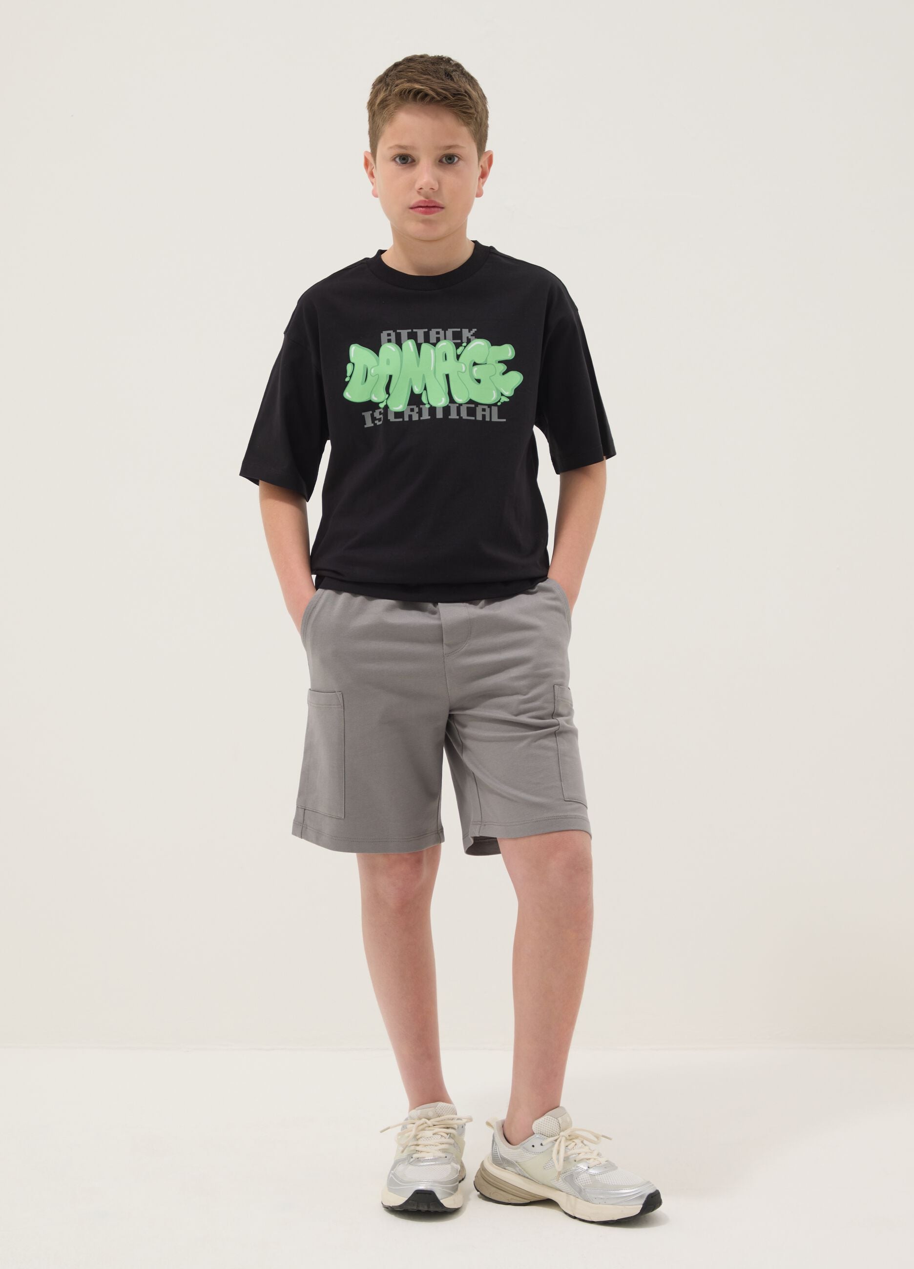 Black and grey pure cotton boys&rsquo; co-ord set with print, oversized fit
