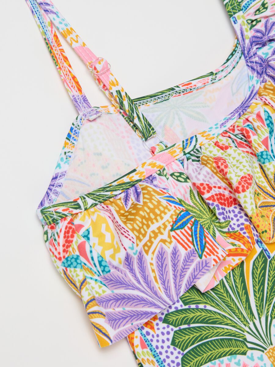 Yellow and purple swimsuit with flounce and tropical print_3