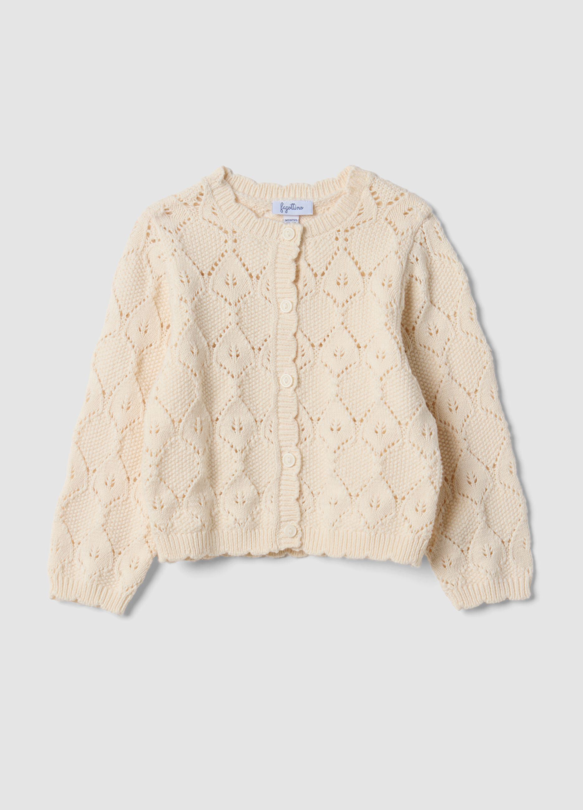Beige openwork cotton-blend crew-neck cardigan