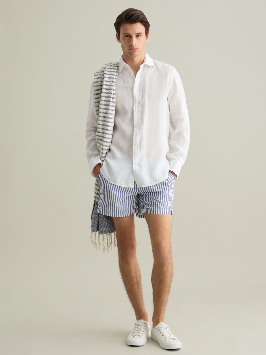 White and blue striped pure cotton swim boxers_0