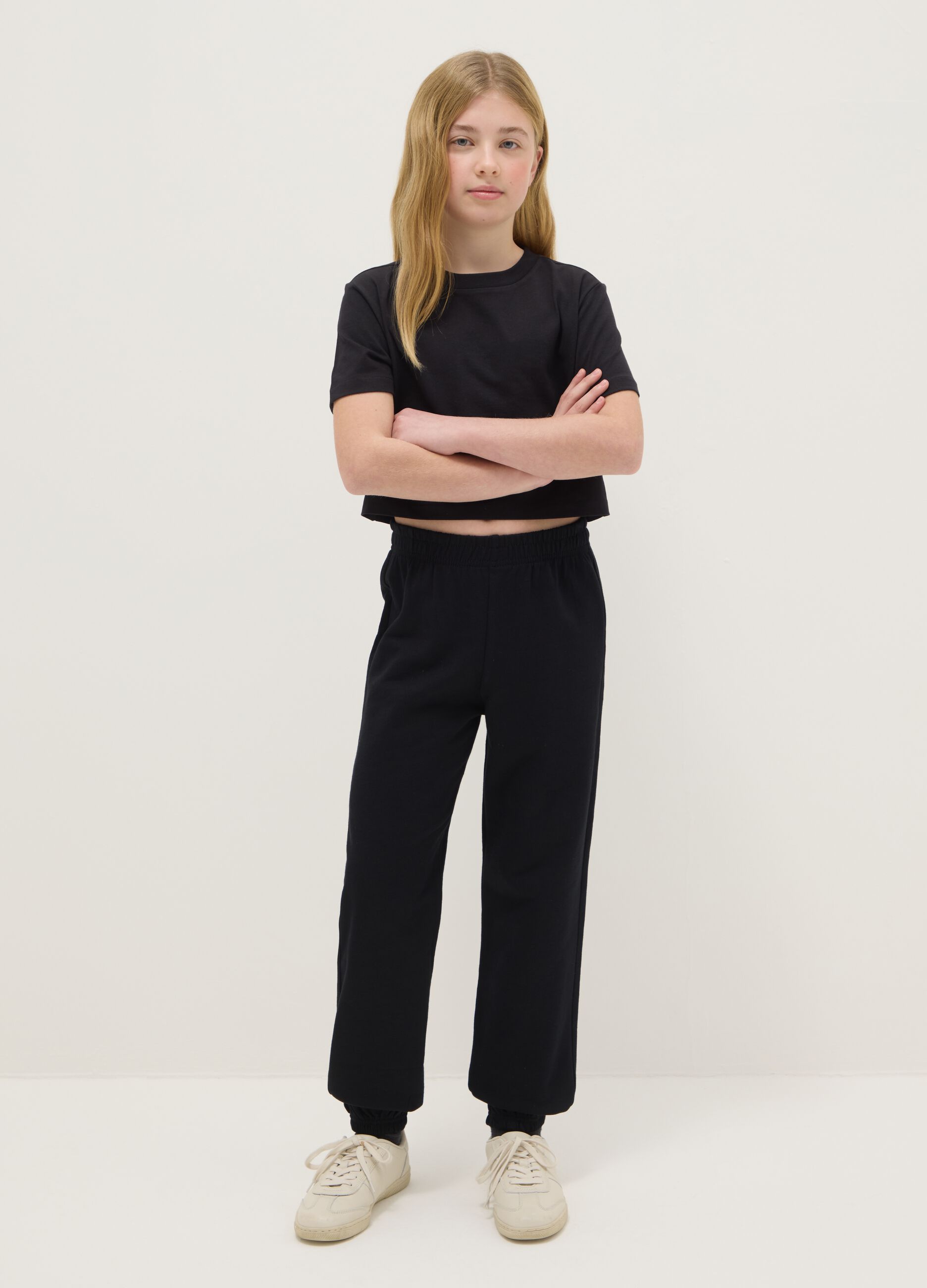 Girls' regular fit black pure cotton jogger trousers