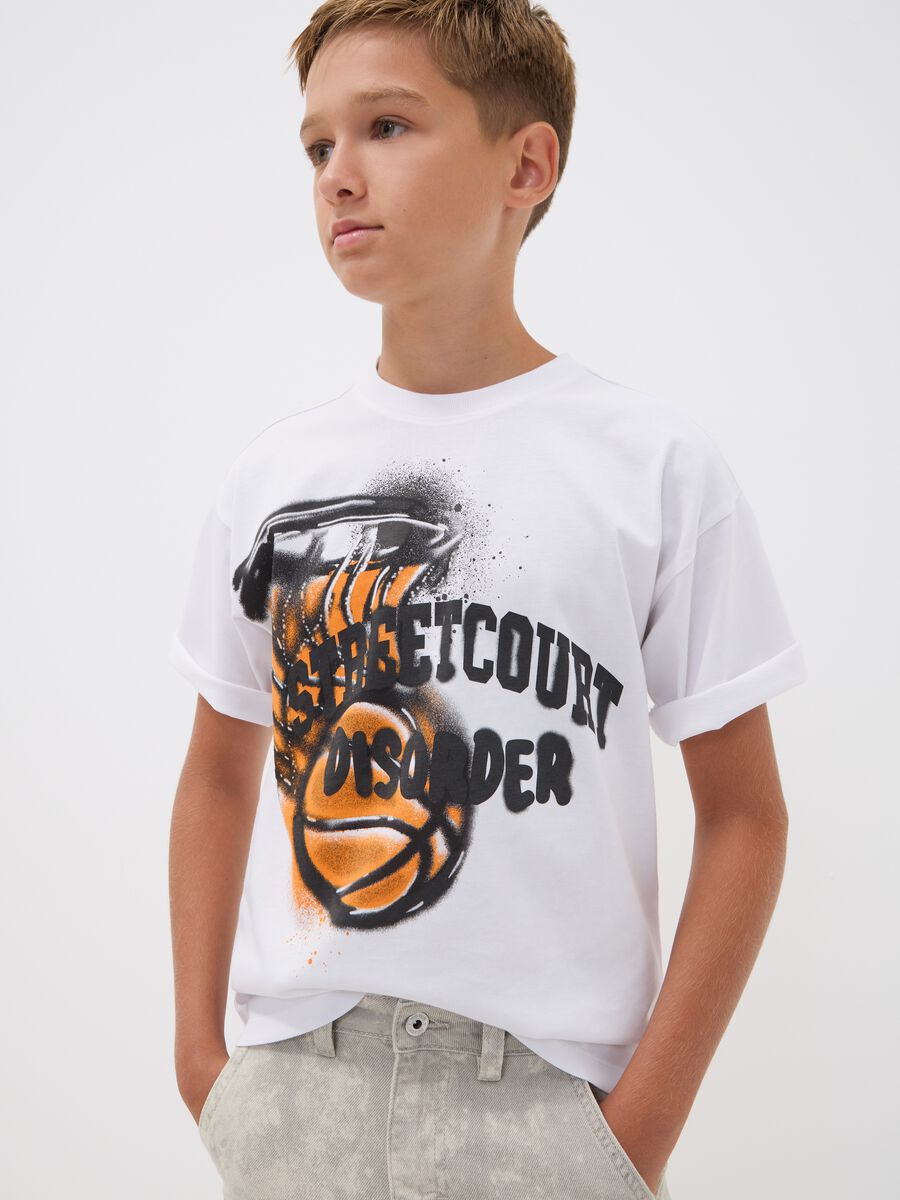White pure cotton oversized T-shirt with basketball graphic print for boys_0