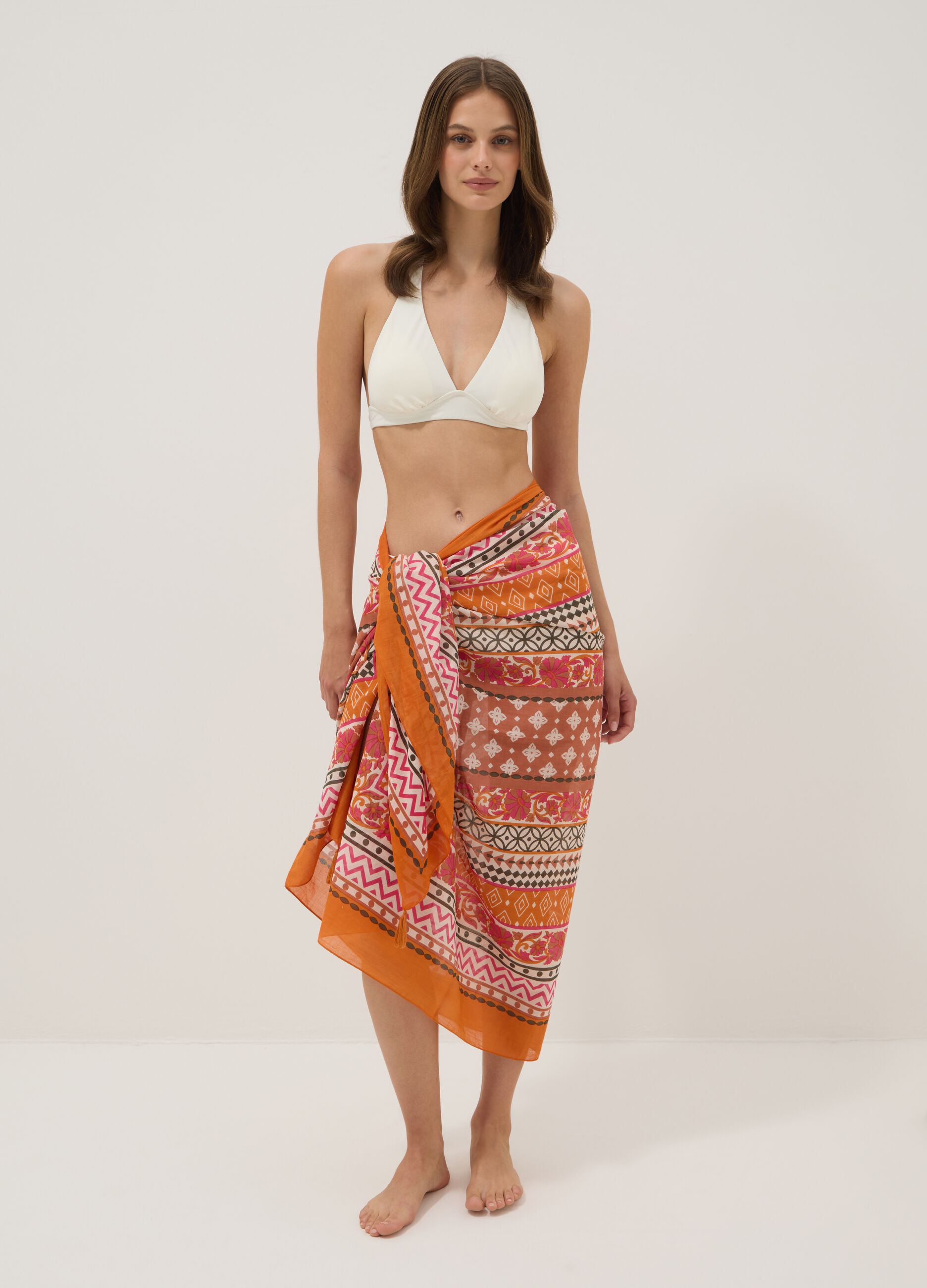 Orange pure cotton pareo with patterned print