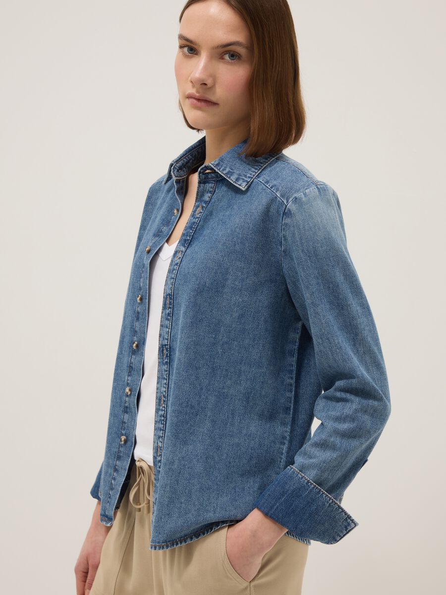 Camicia a maniche lunghe in puro cotone denim blu regular fit_0