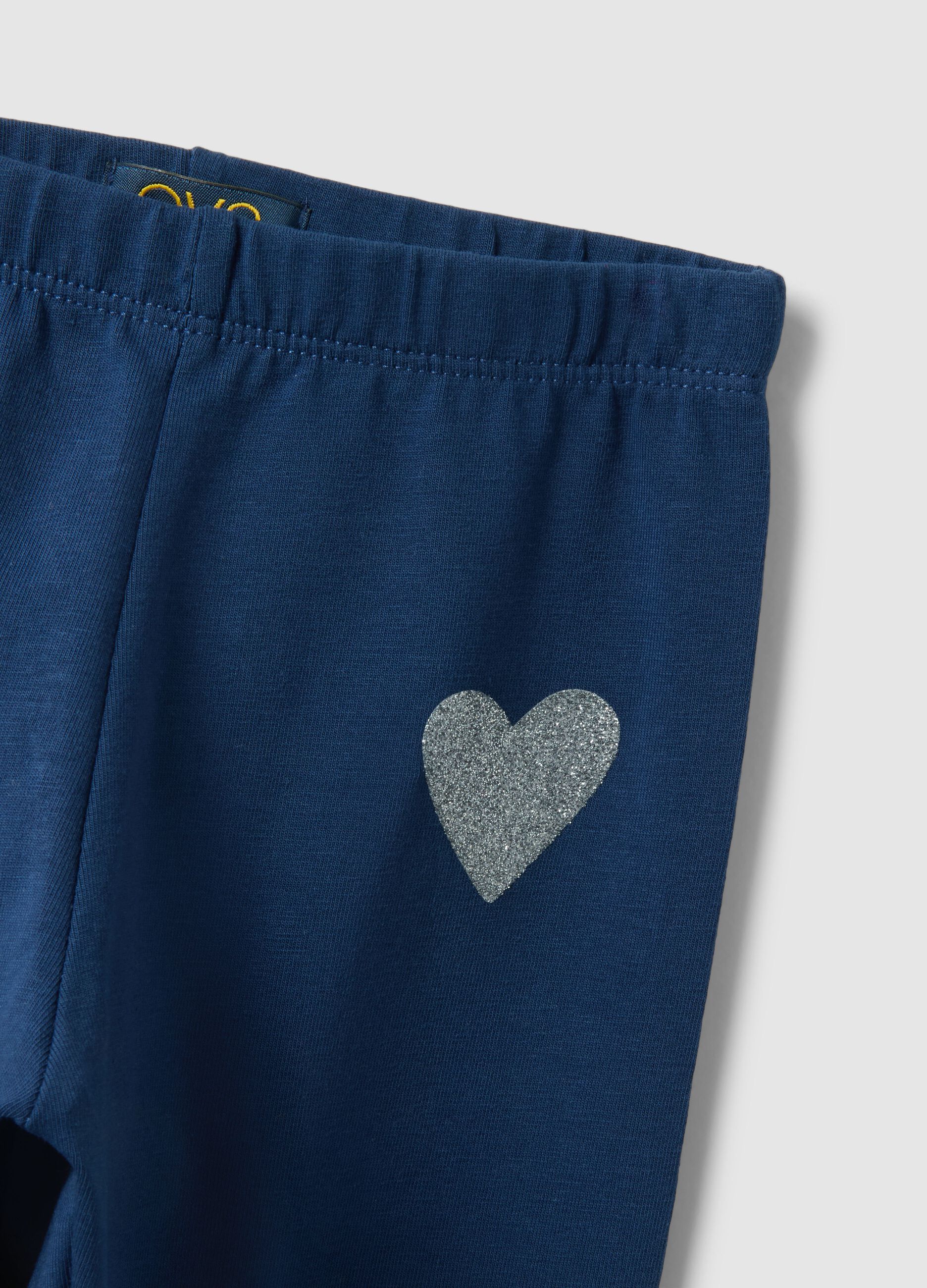 Girls' Slim Fit Blue Stretch Cotton Leggings with Heart