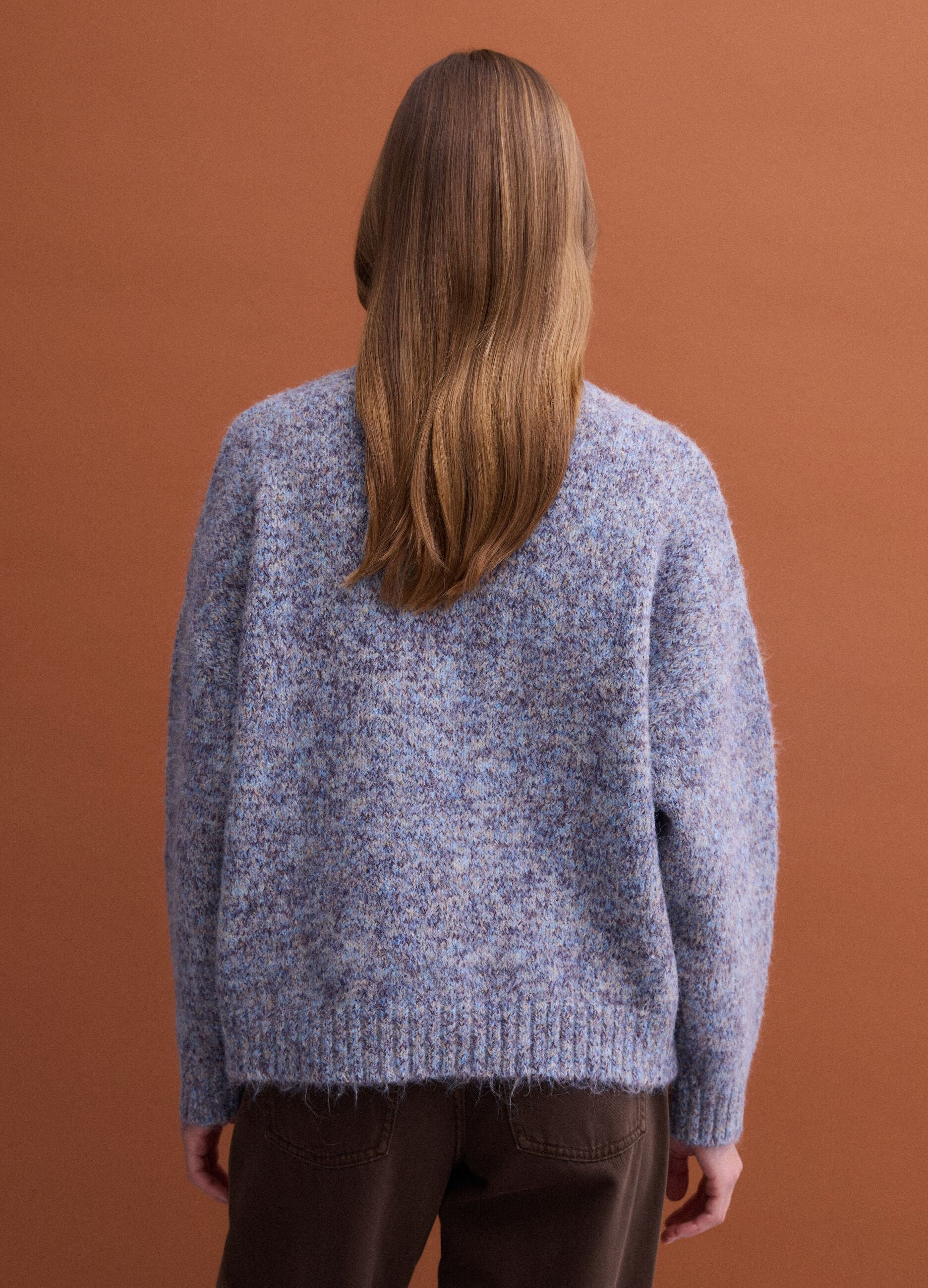 Blue m&eacute;lange crew-neck jumper in stretch wool
