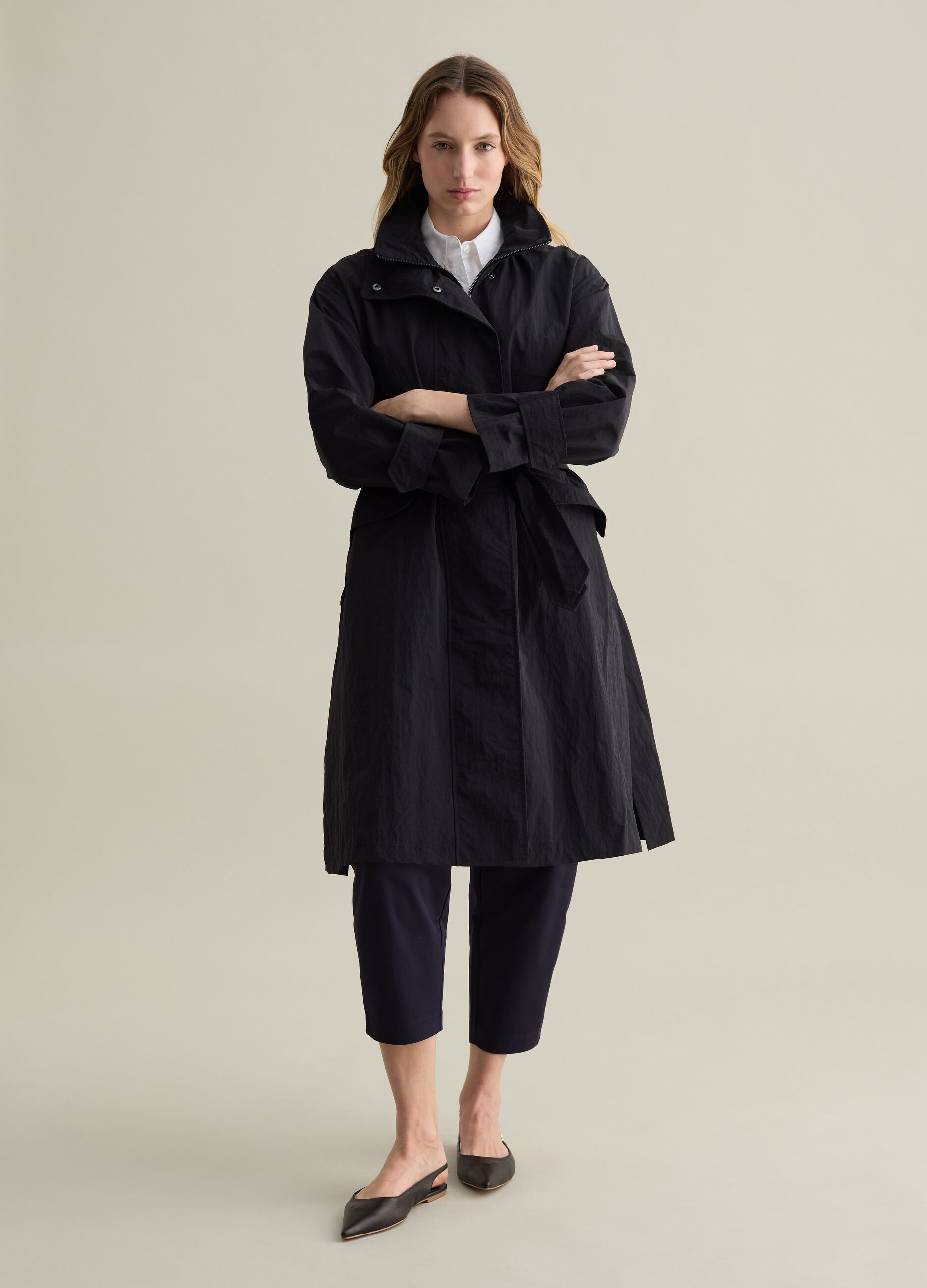 Long trench coat with zip and buttons