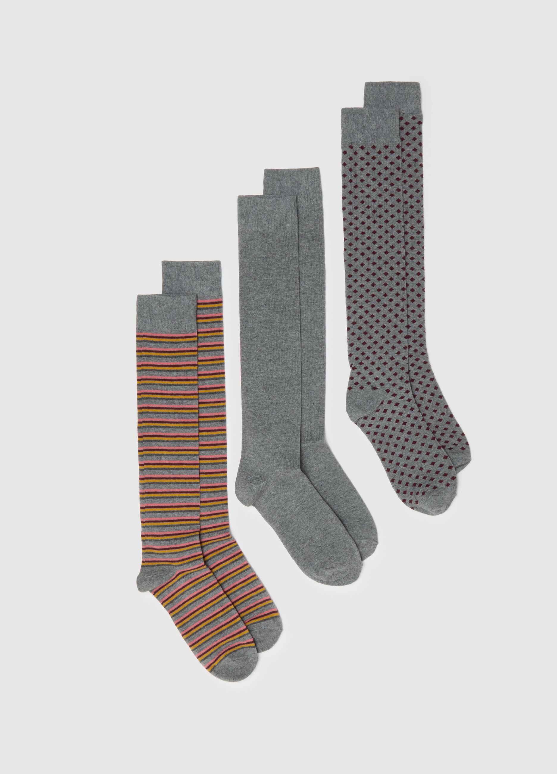 Tripack of long multicolour cotton blend elastic socks