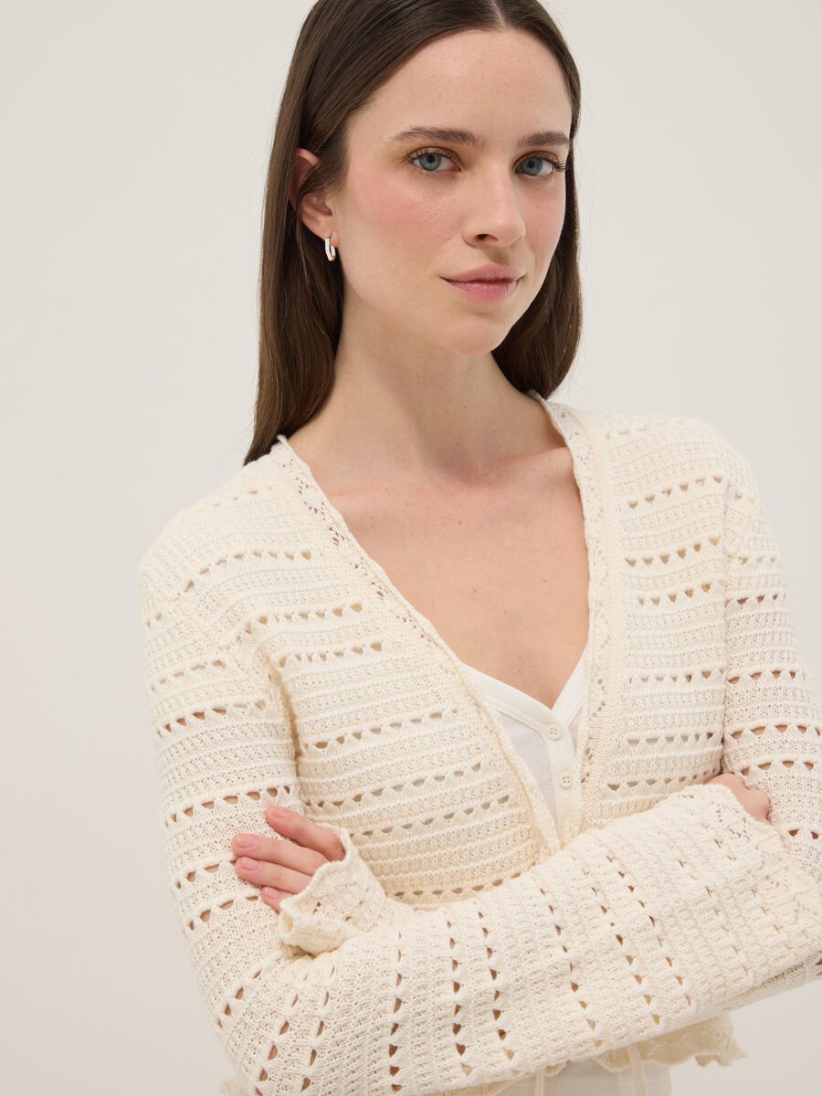 White pure cotton cardigan with regular fit and perforated design_3