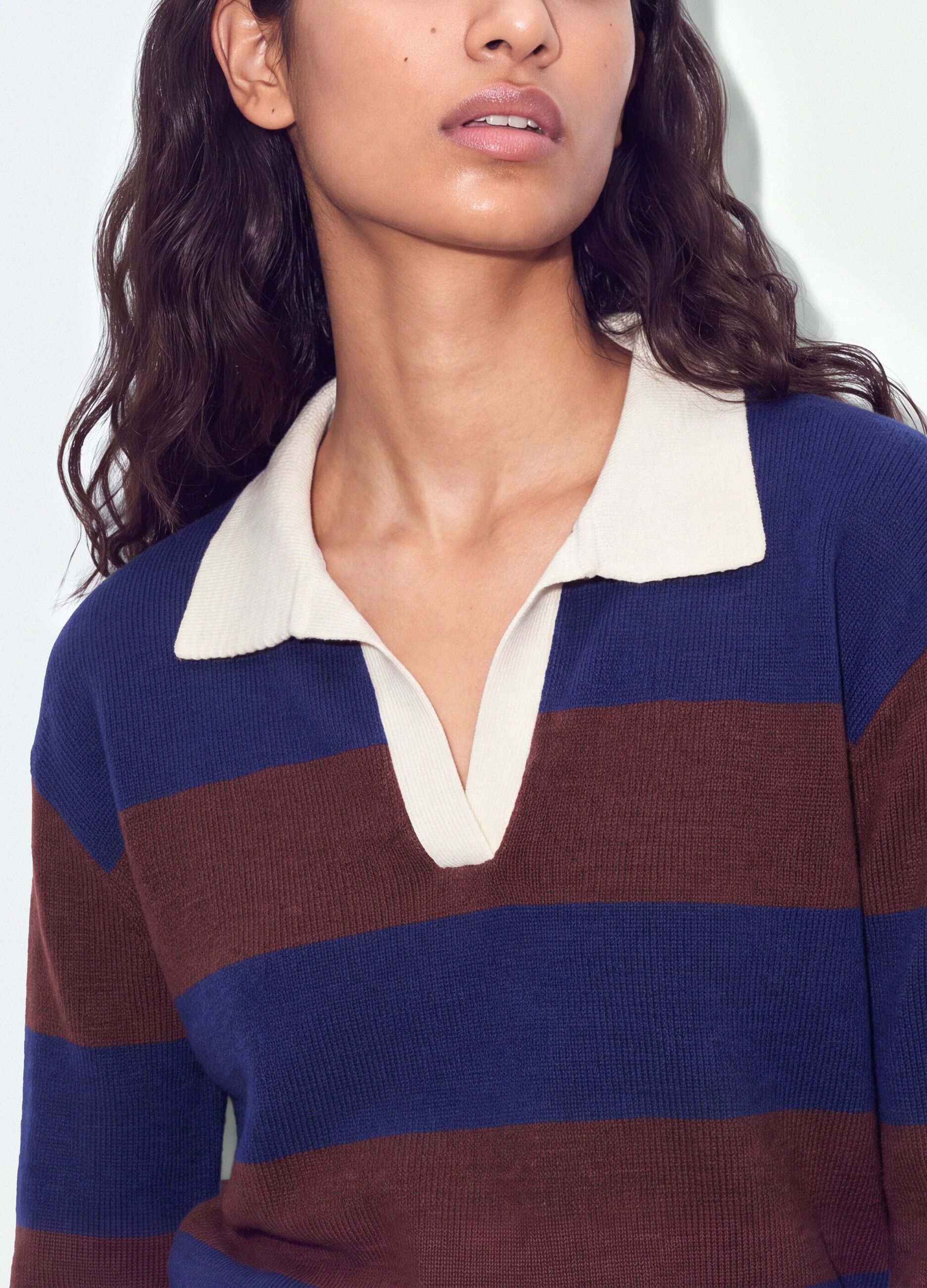 Blue striped viscose-blend polo-collar top, regular fit