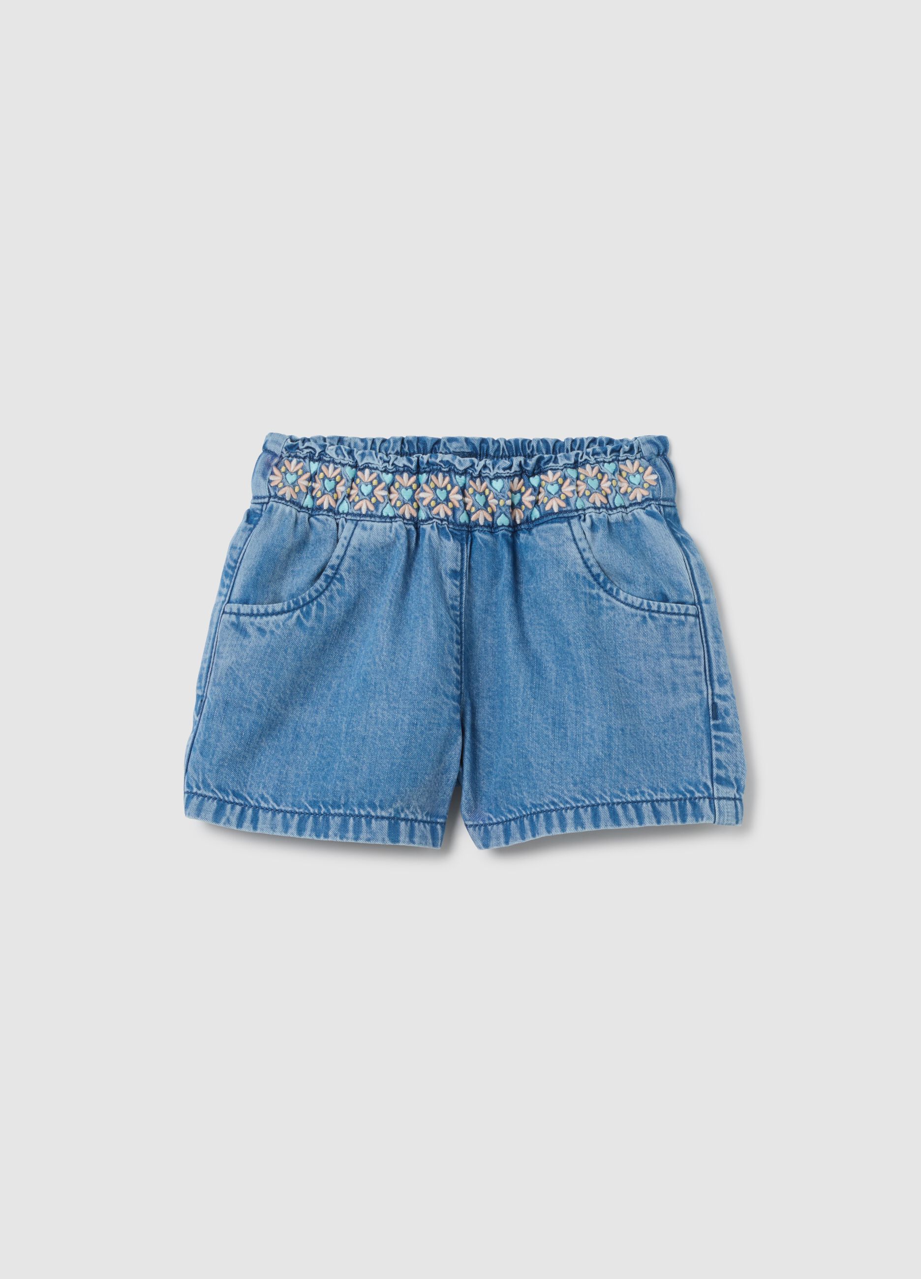 Regular fit denim baby shorts with embroidery
