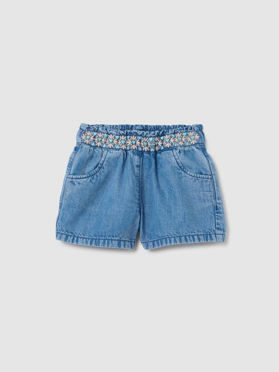 Regular fit denim baby shorts with embroidery_0