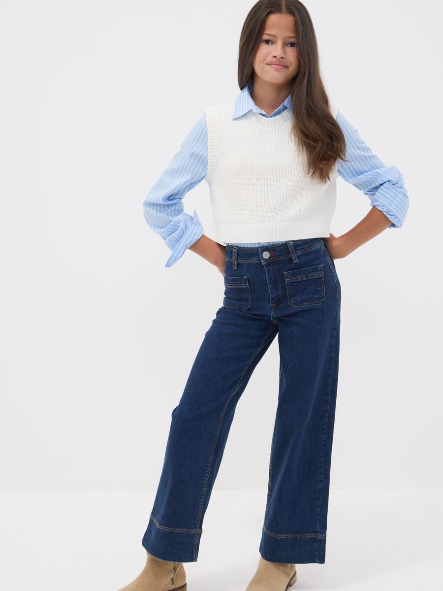 Jeans blu culotte in cotone elasticizzato per ragazza_0