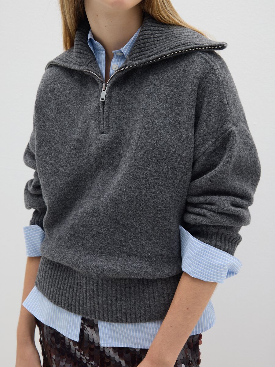 Grey Half-Zip Pullover in Acrylic and Wool Blend_3