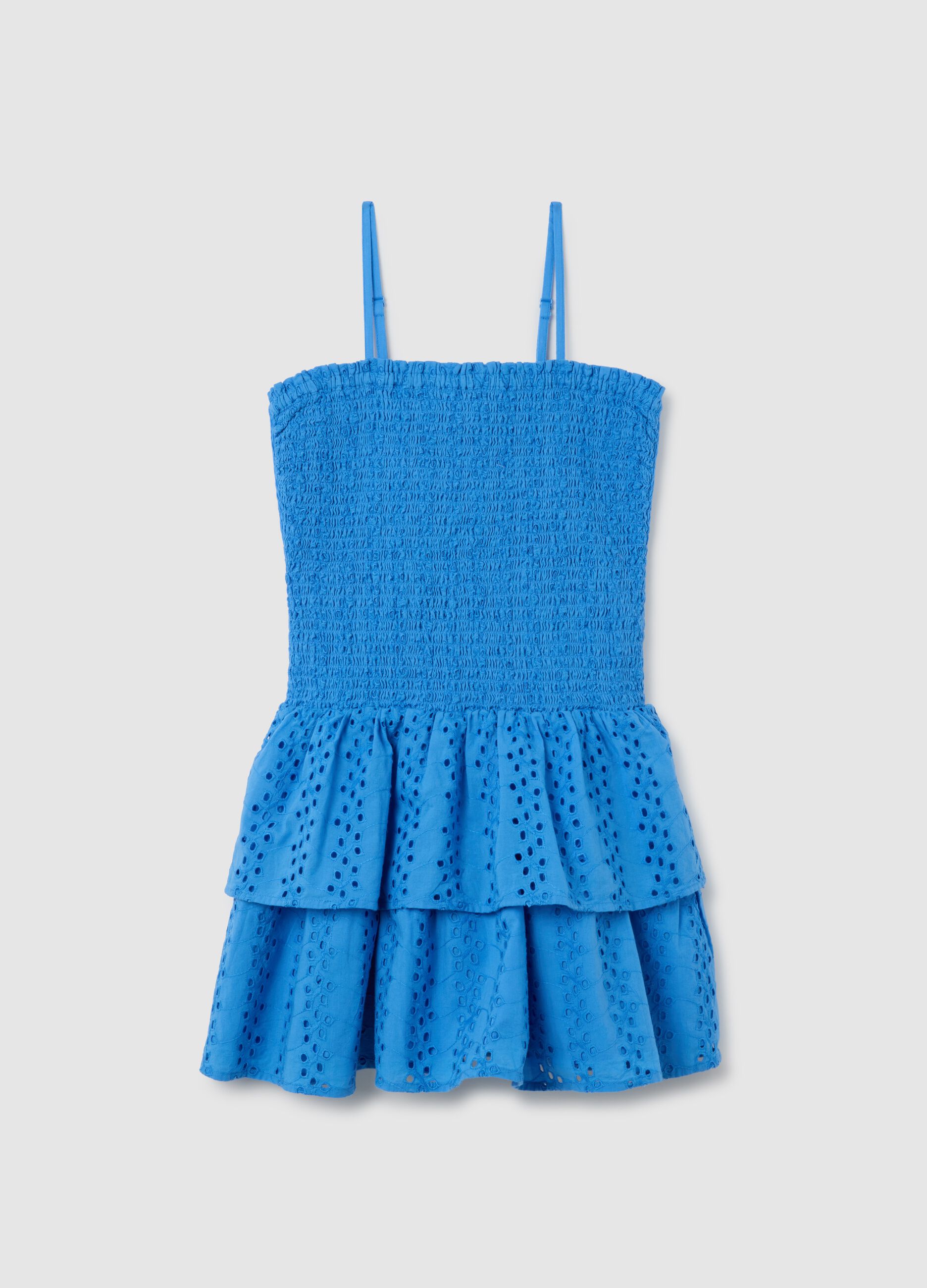 Abito da ragazza in puro cotone blu regular fit con balze e spalline sottili