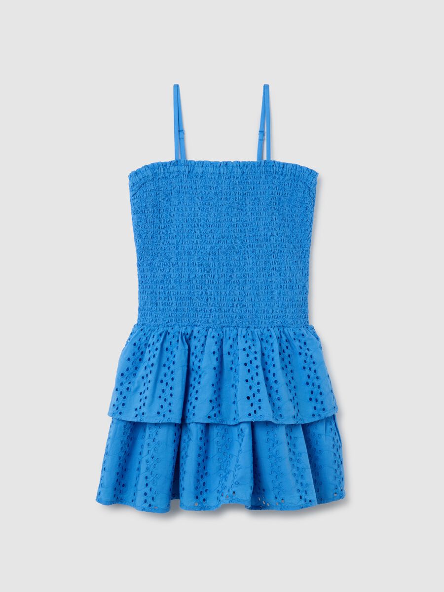 Girls' blue pure cotton dress, regular fit with ruffles and thin straps_0