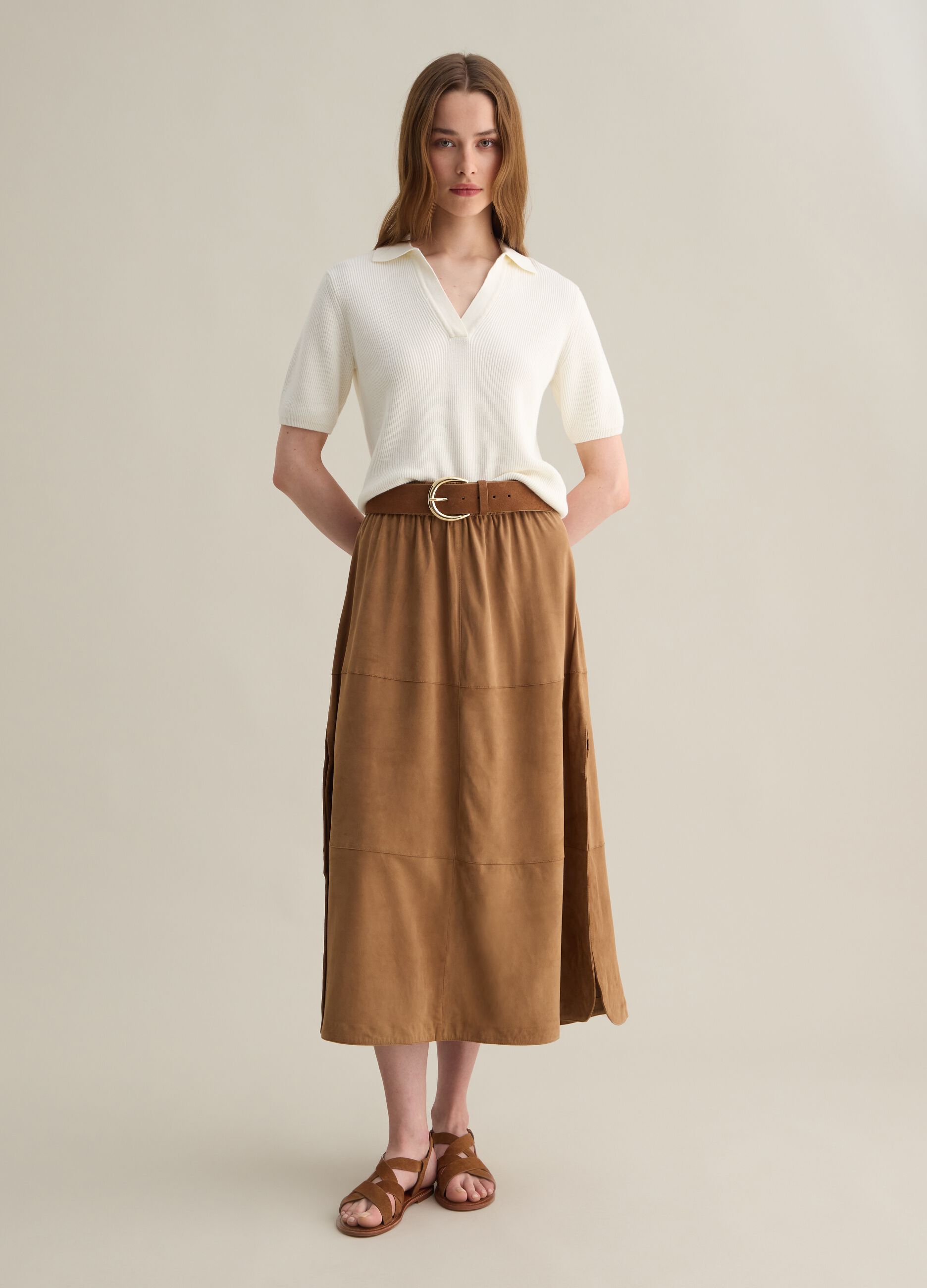 Gonna midi da donna in vera pelle marrone regular fit