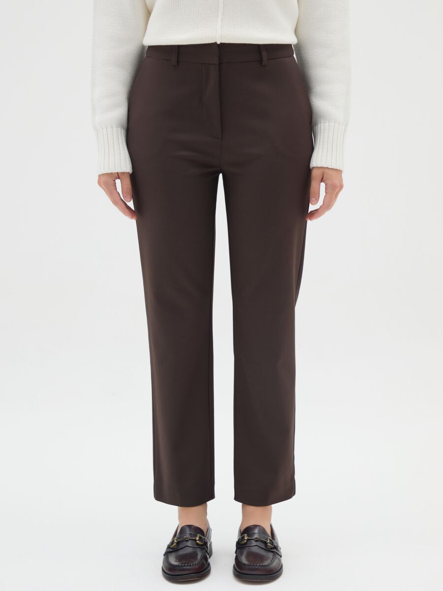 Brown slim fit cotton blend trousers_1