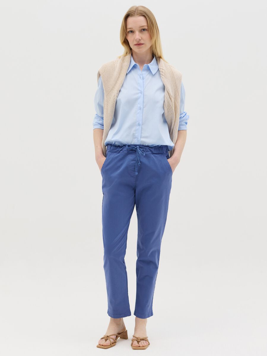 Blue stretch cotton trousers with drawstring_0