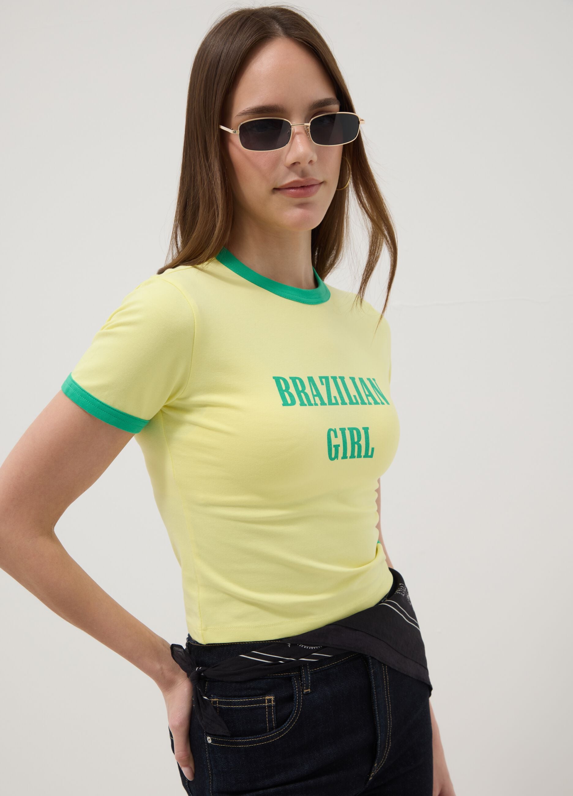 Yellow stretch-cotton tank top with Brazilian Girl print, regular fit