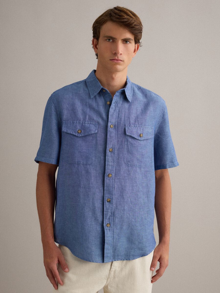 Camicia blu uomo in misto lino e cotone_1