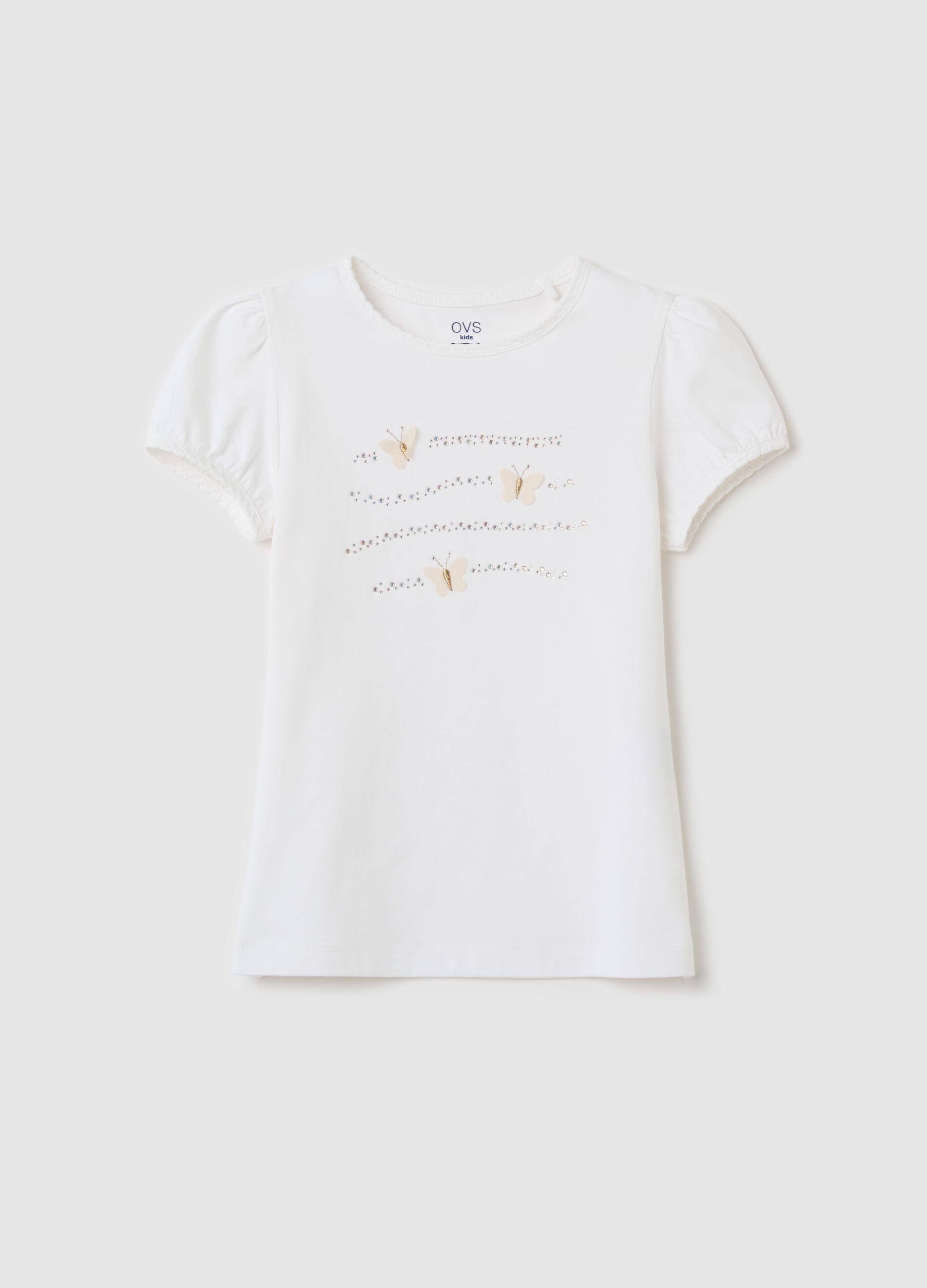 T-shirt con strass e applicazione farfalle