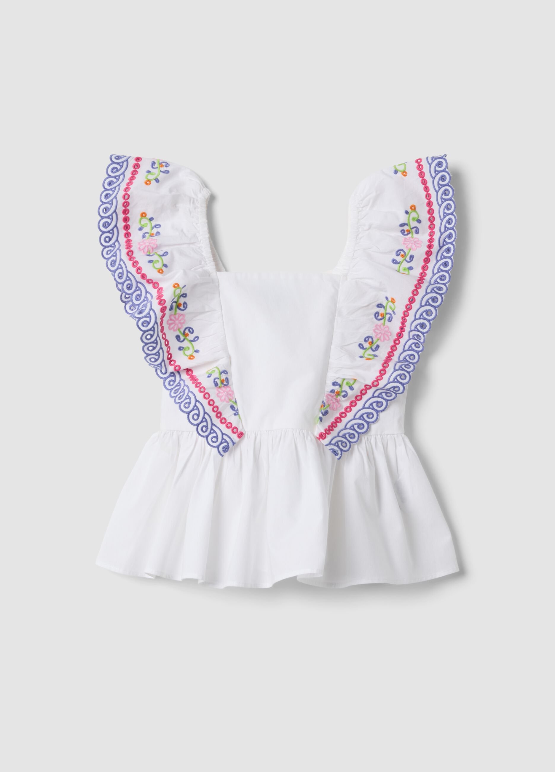 White pure cotton tank top with embroidered ruffle sleeves