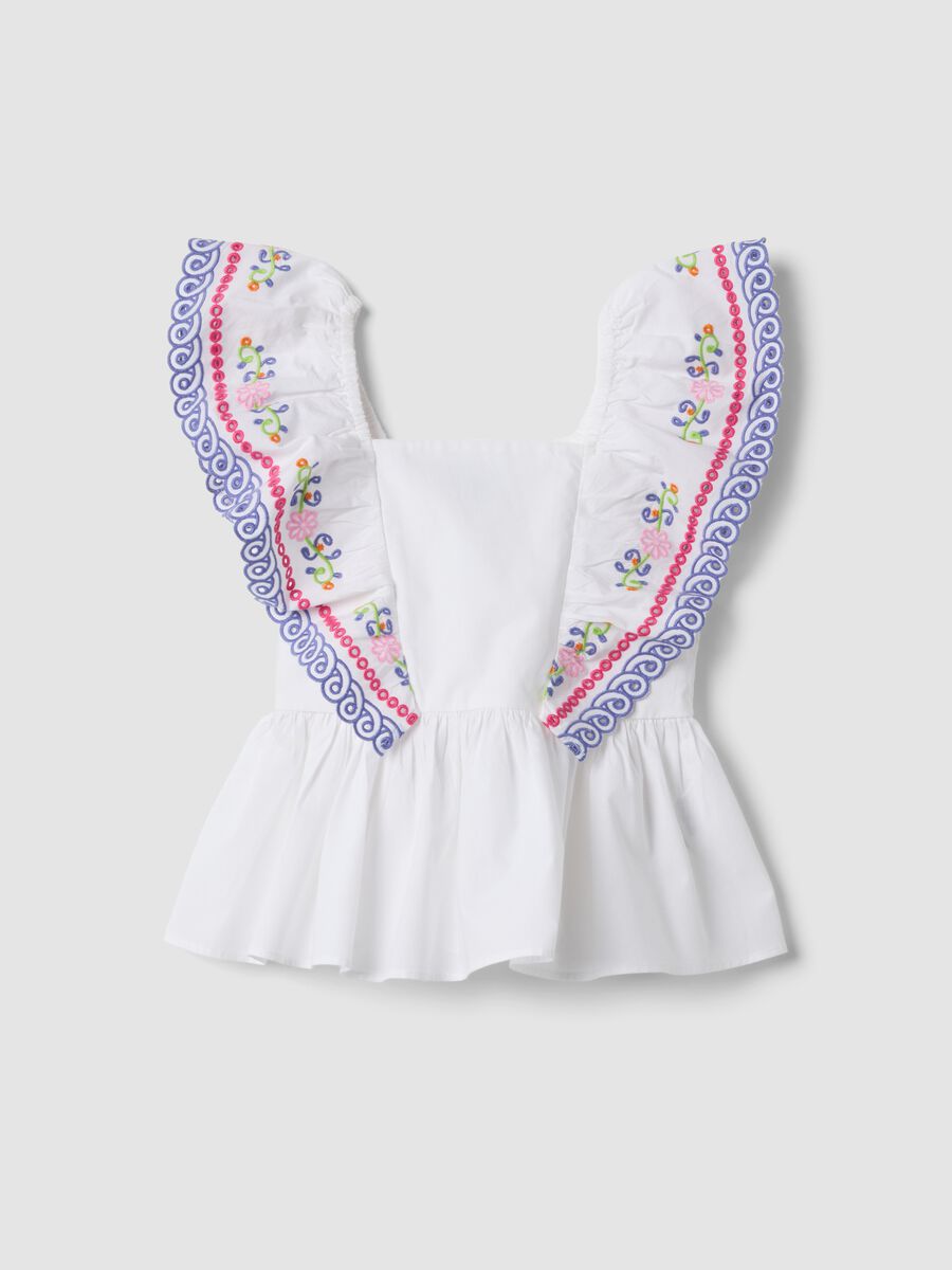 White pure cotton tank top with embroidered ruffle sleeves_0