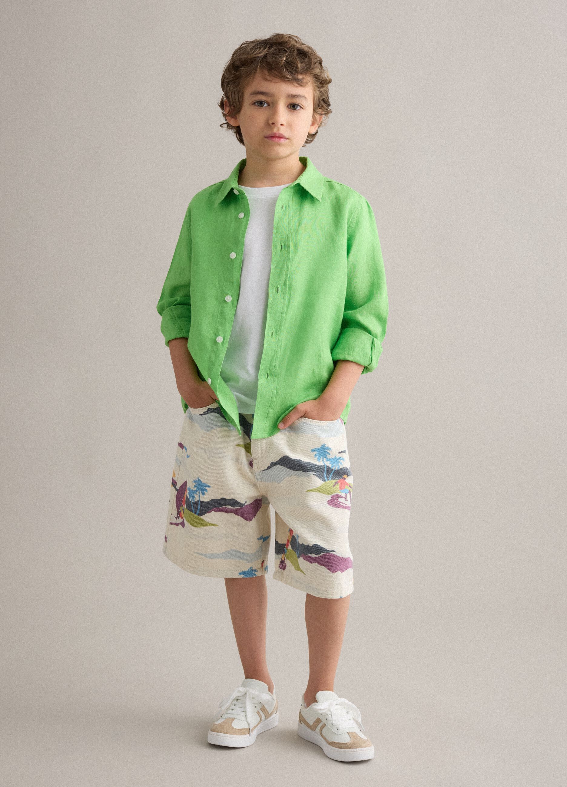 Beige pure cotton shorts with all-over print