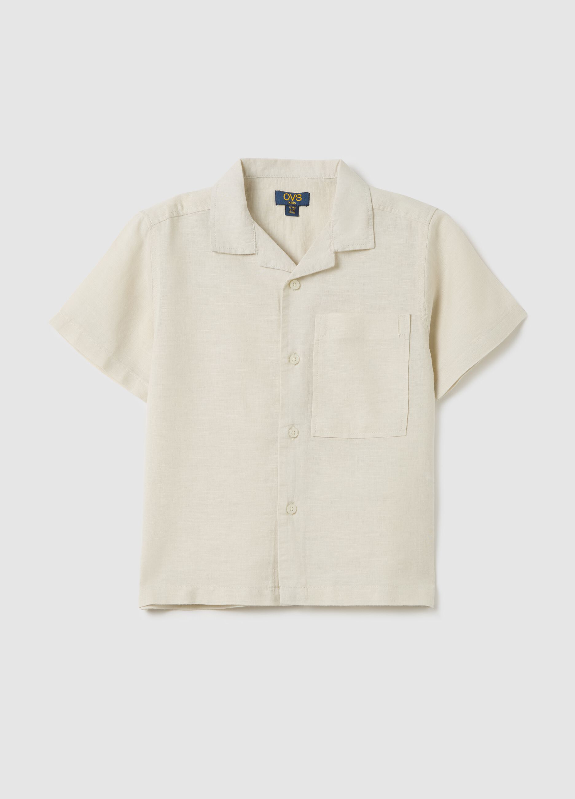 Children's beige linen blend shirt regular fit with applied pocket