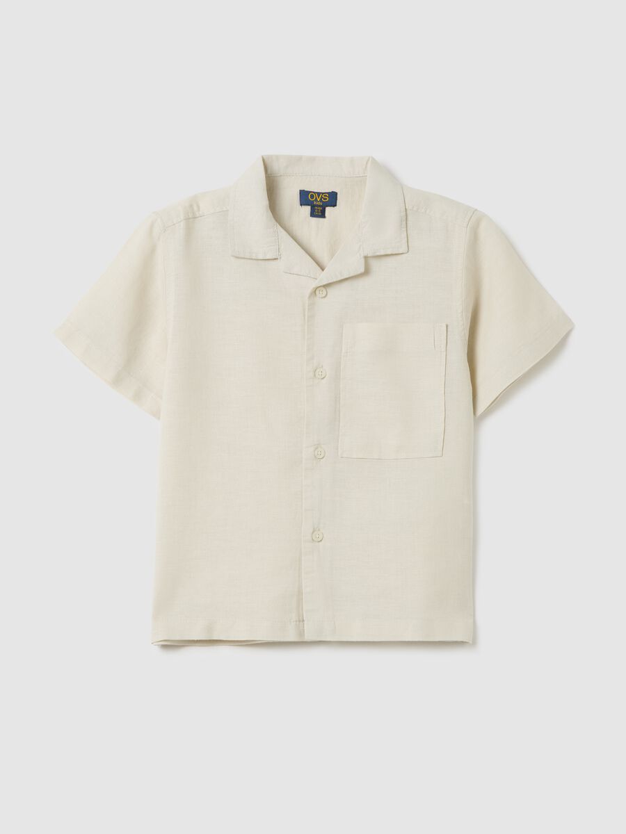Children's beige linen blend shirt regular fit with applied pocket_0