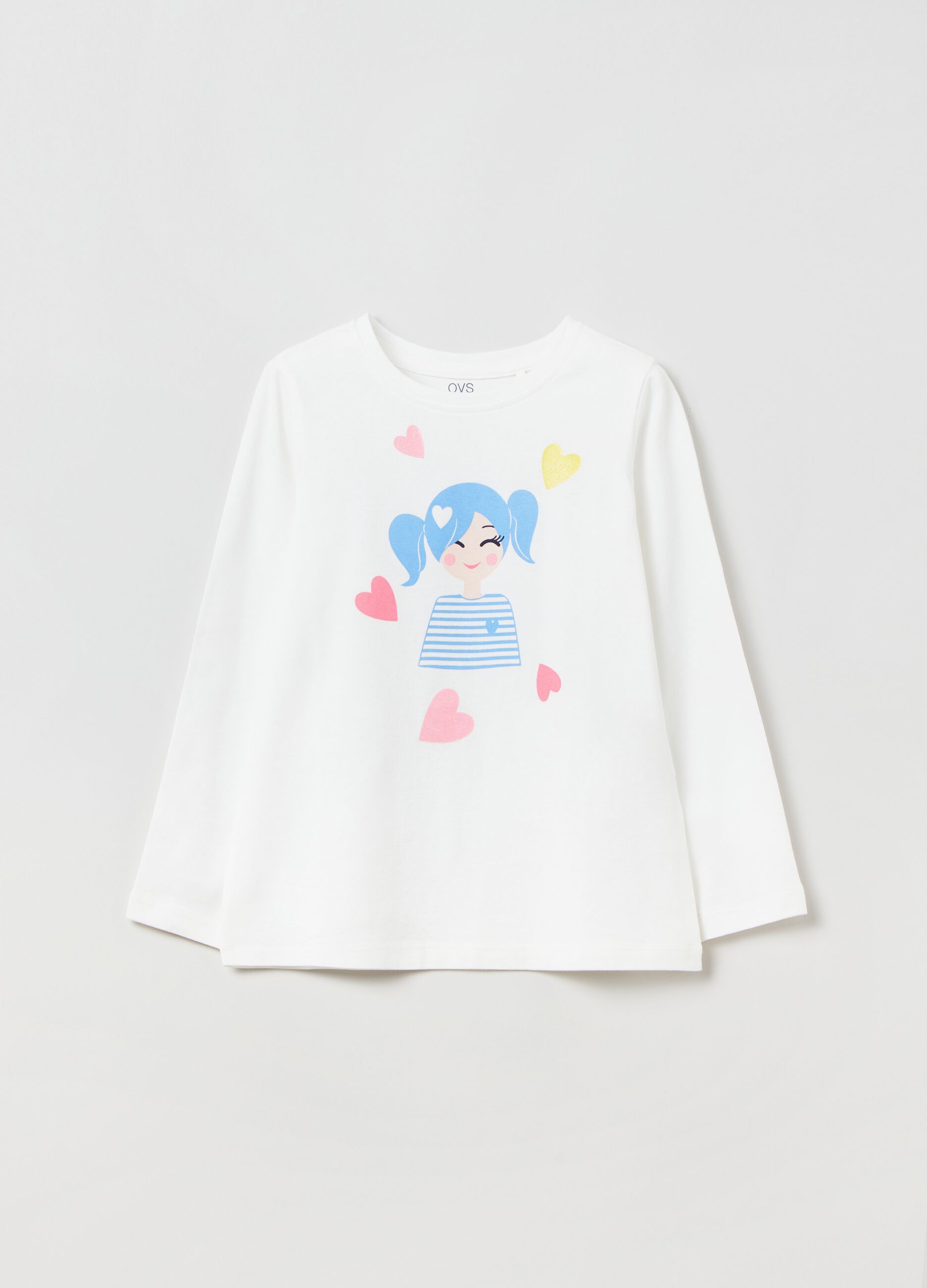 Cotton T-shirt with girl and hearts print