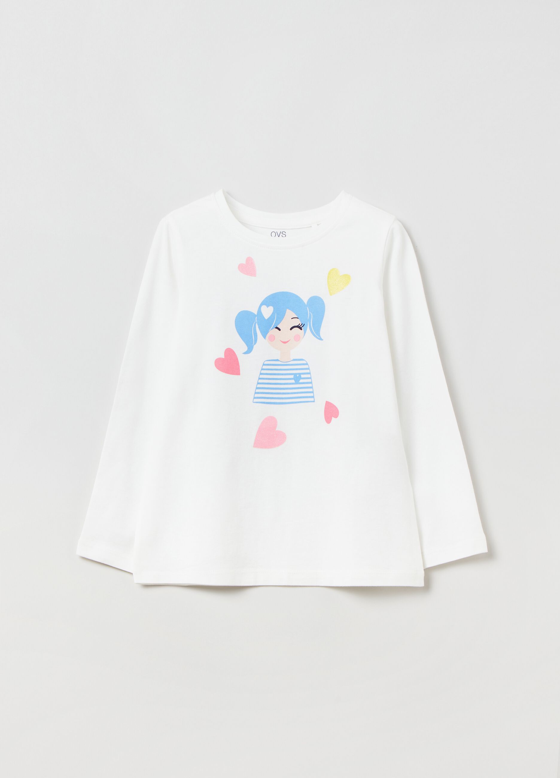 T shirt in cotone stampa bambina e cuori